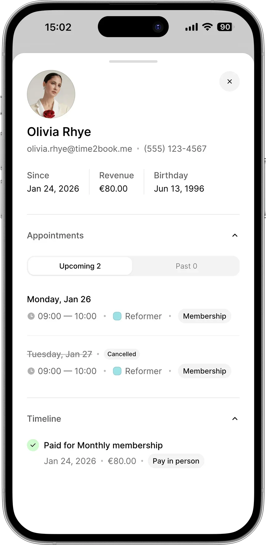 Client details page in Pole dance studio client management software