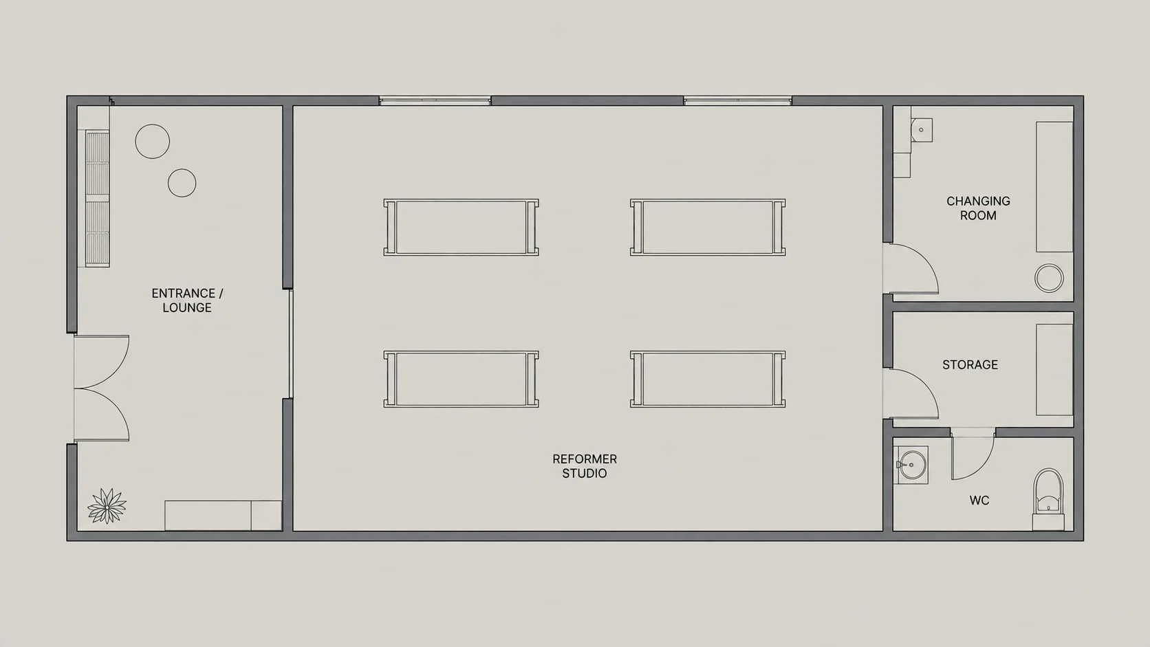 4 reformer Pilates studio floor plan with entrance lounge, changing room, storage and WC