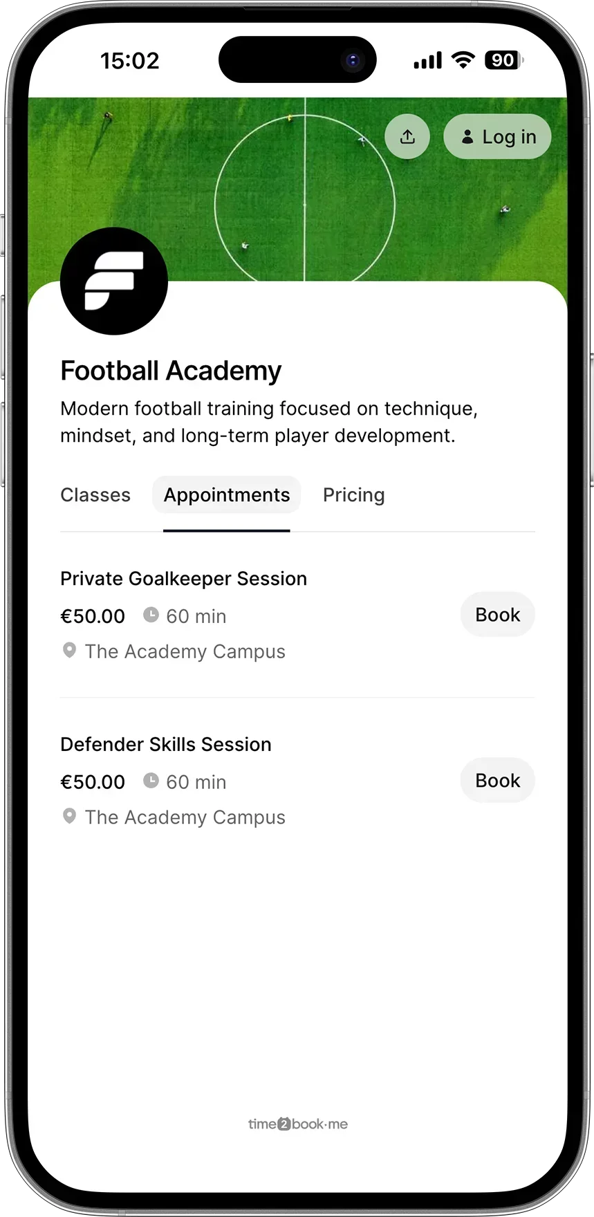 Class booking page for Football academy