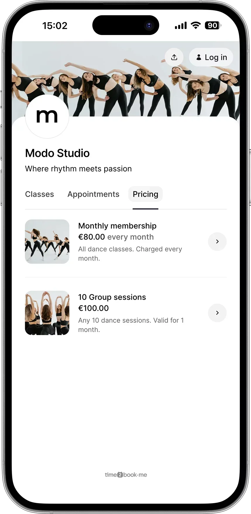 Pricing page for Pilates studio in class scheduling software