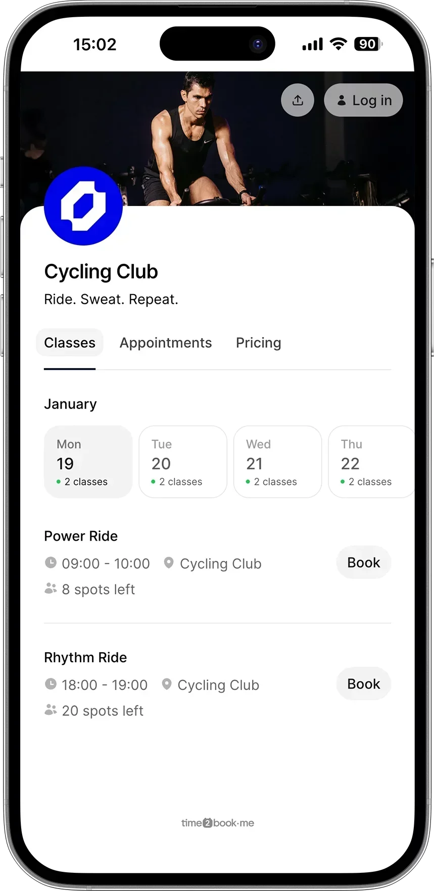 Class booking page for Spin studio