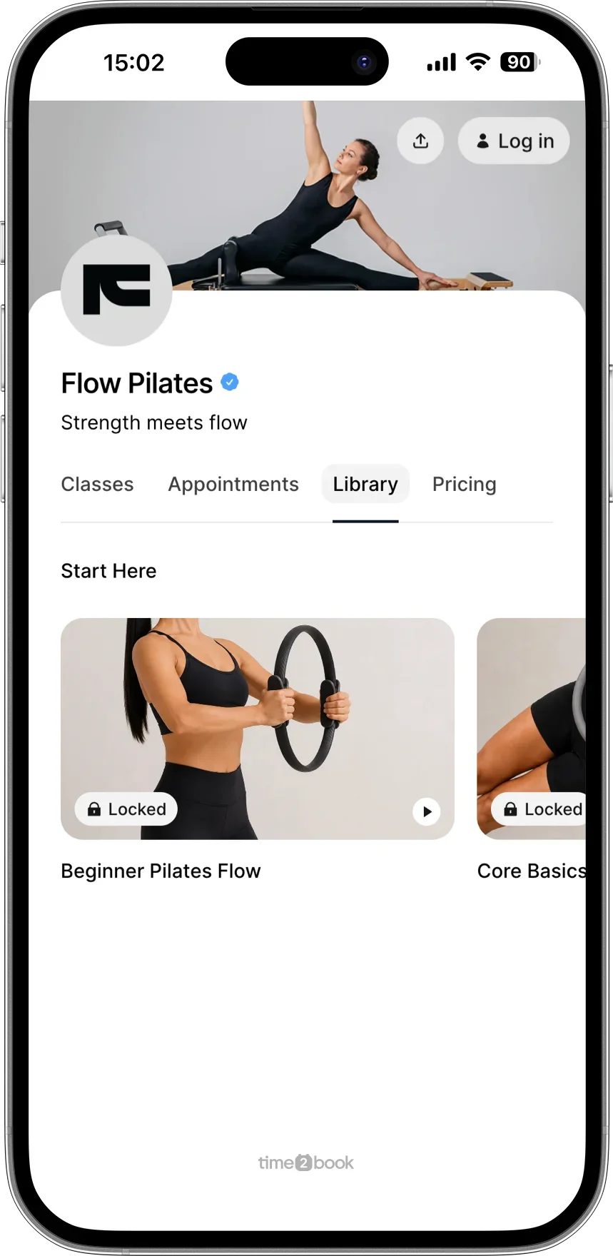 On-demand video library booking profile in Pilates studio