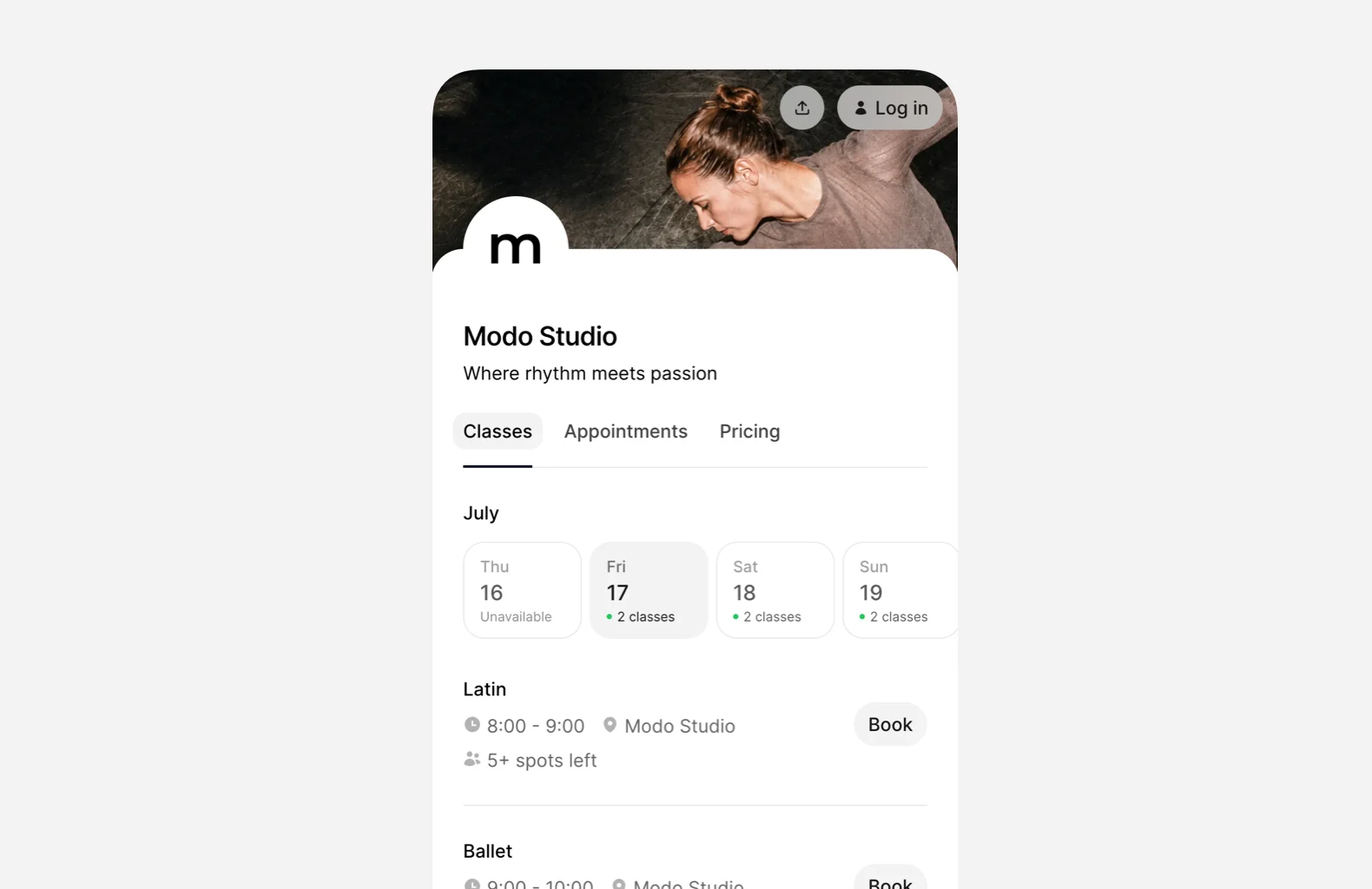Dance studio software dashboard – Time2book dance class scheduling and booking interface