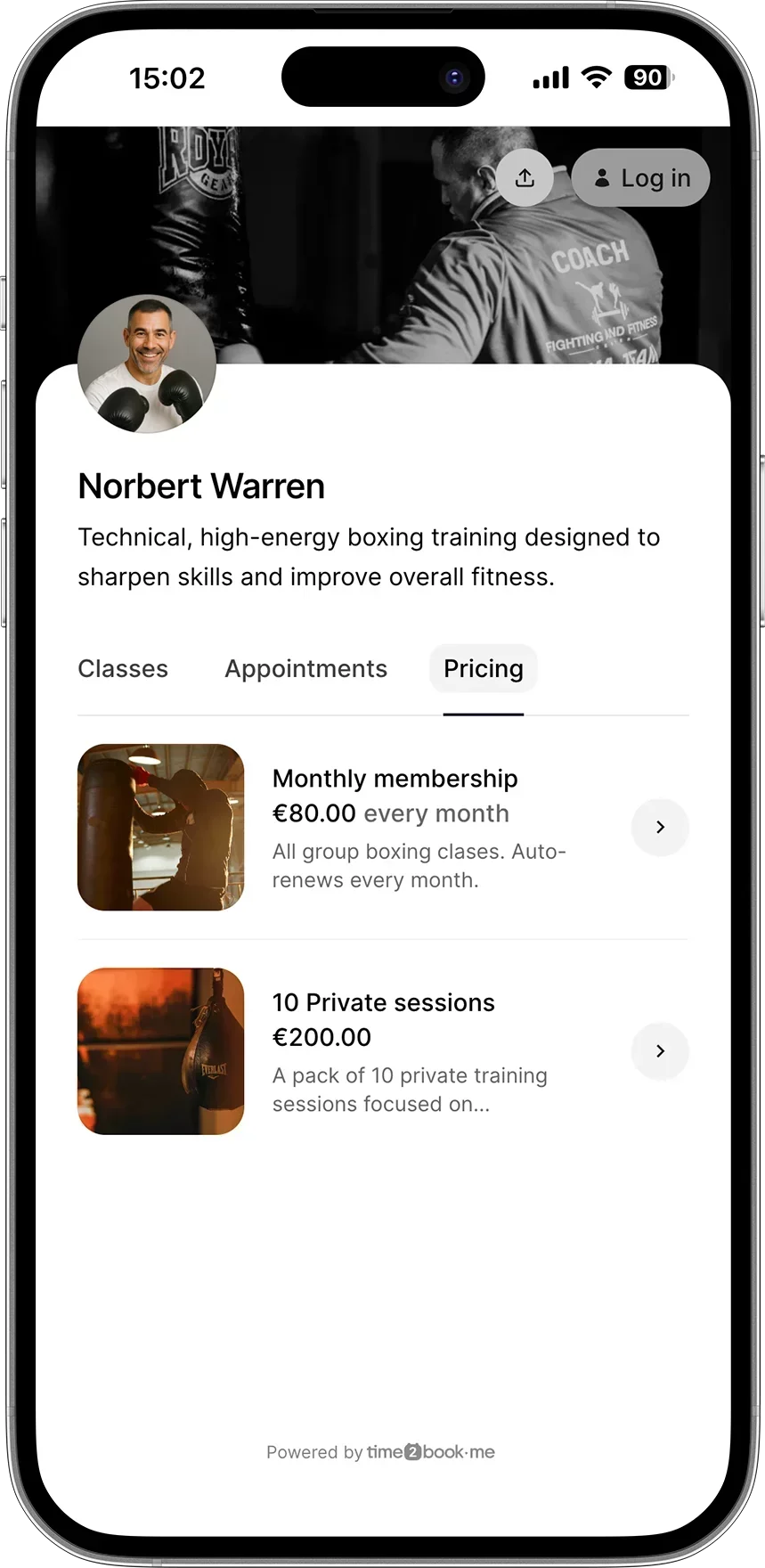 Pricing page for Boxing coach in class scheduling software