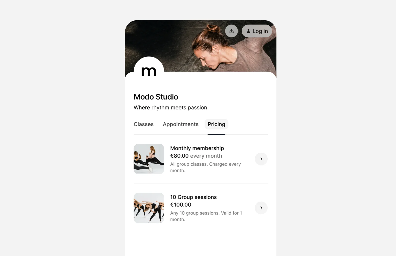 Dance studio memberships and packages - Payments software