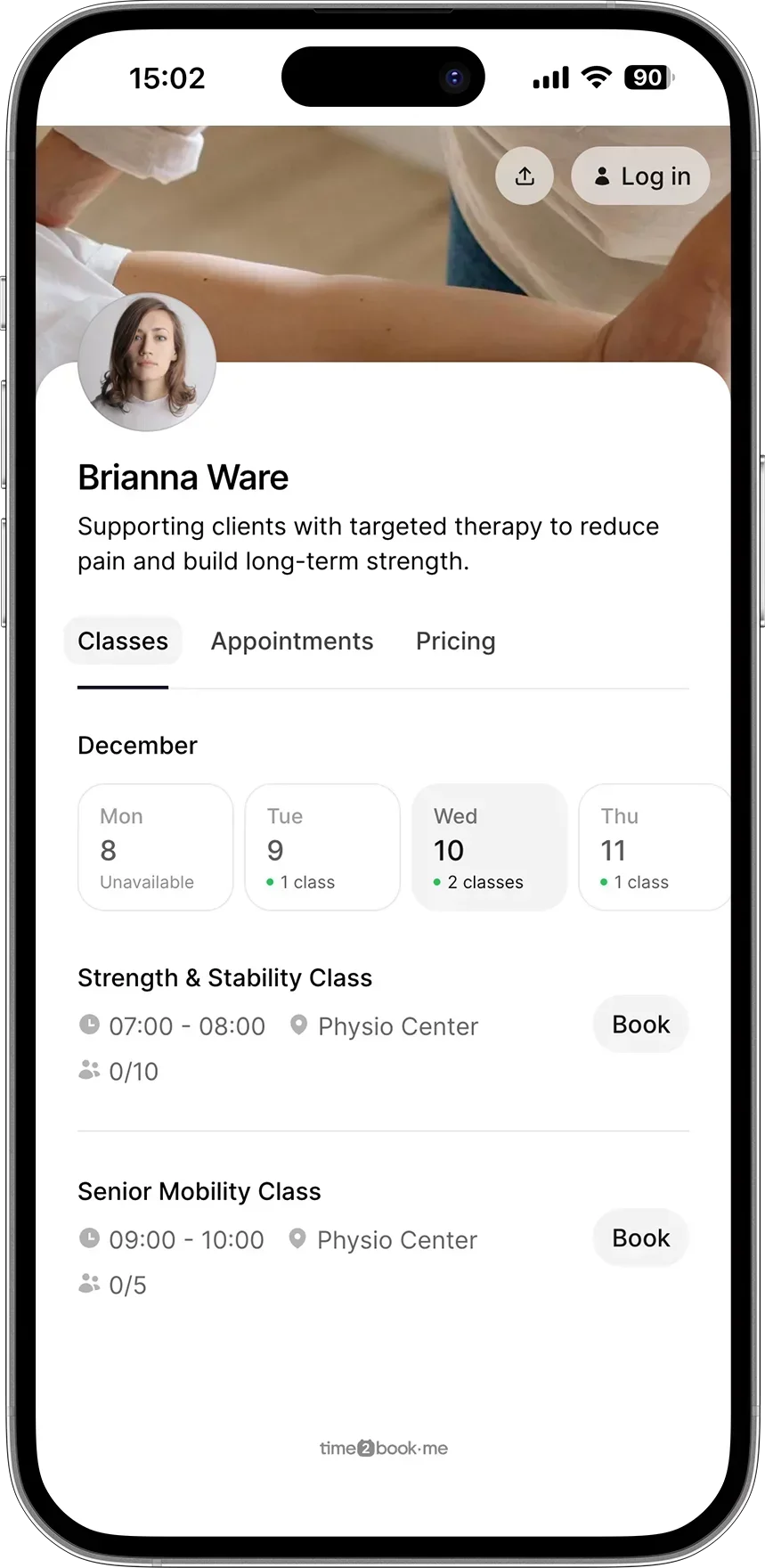 Class booking page for Physiotherapist