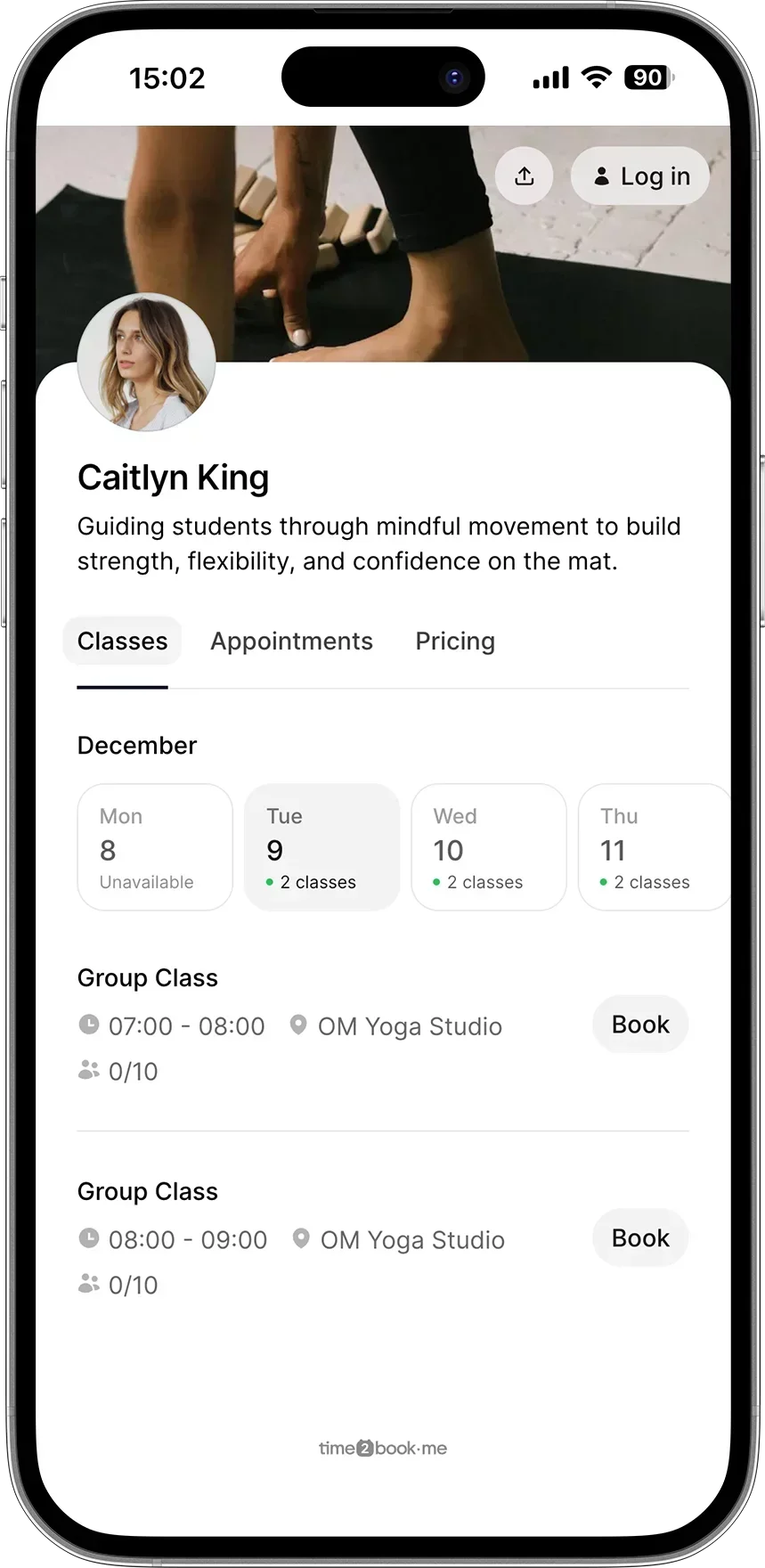 Class booking page for Yoga teacher