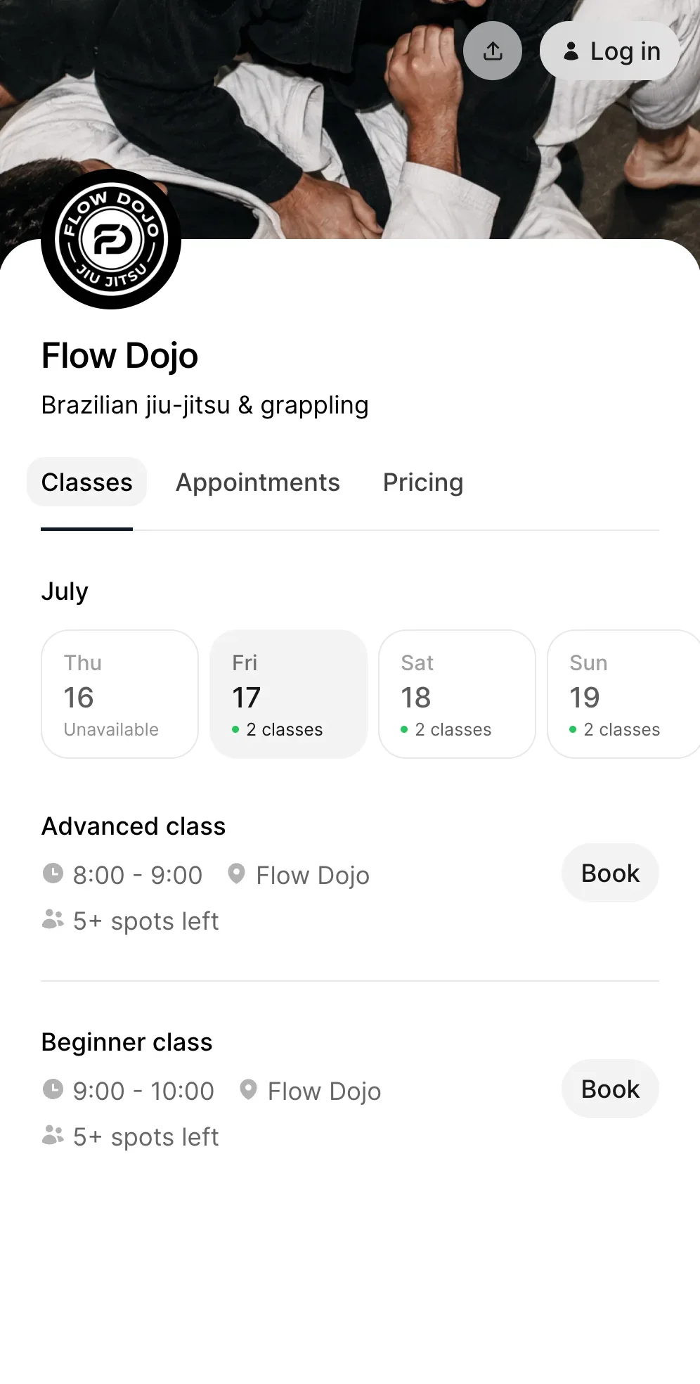 Class booking page for Jiu-Jitsu academy