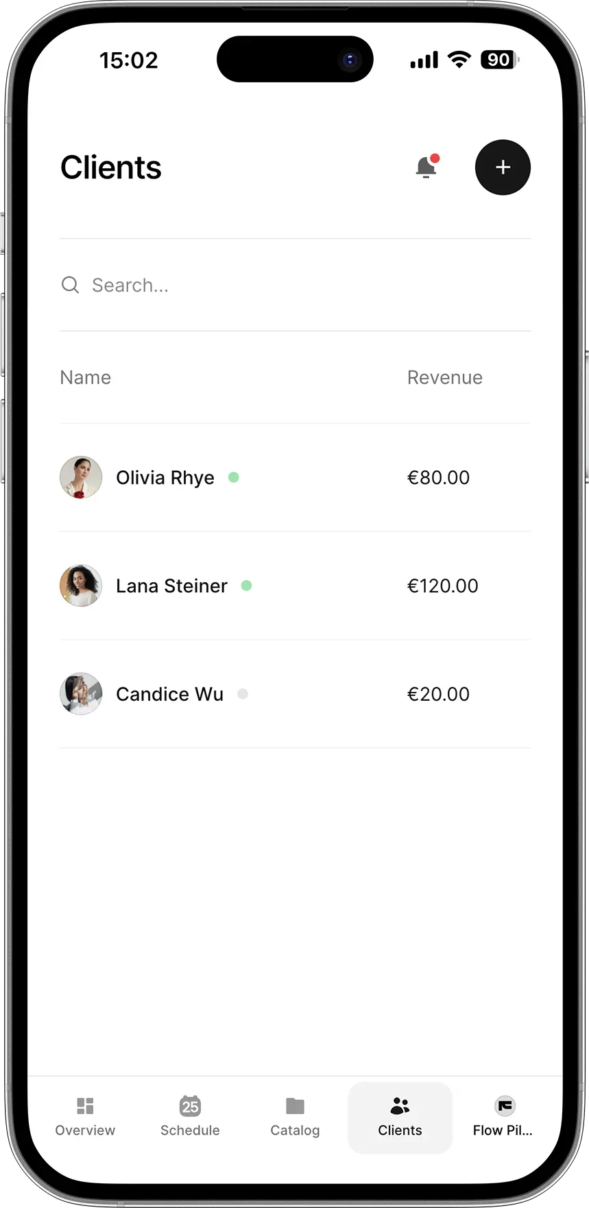 Pole dance studio client management software showing client list