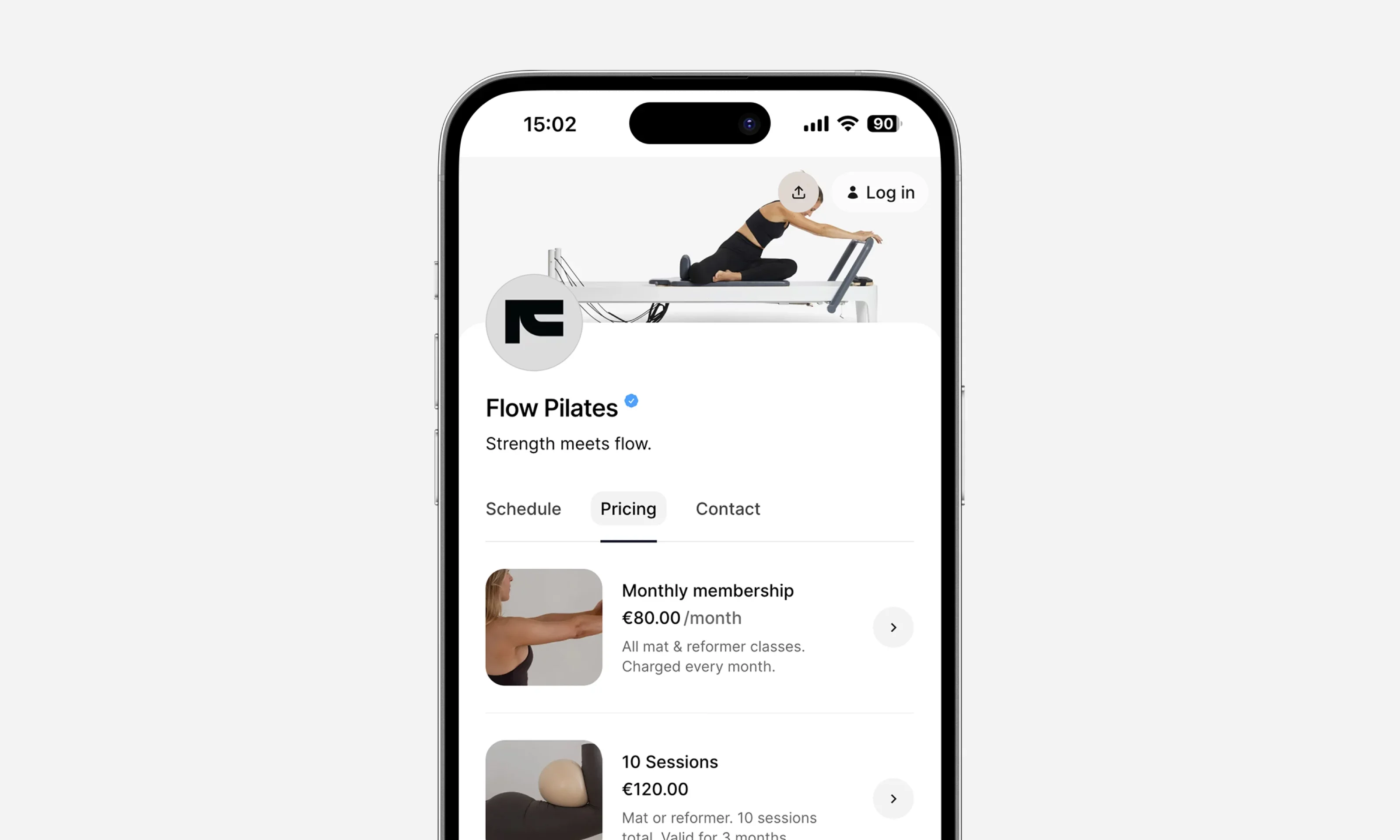 Mobile view of Flow Pilates pricing page on Time2Book platform, displaying membership options including €80/month plan for mat and reformer classes, and 10-session pack for €120.