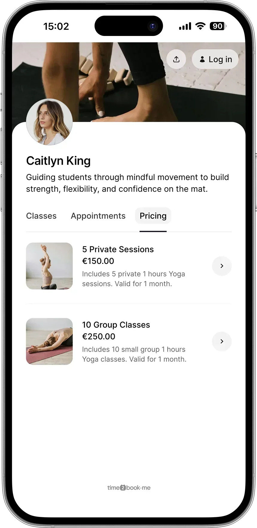 Pricing page for Yoga teacher in class scheduling software