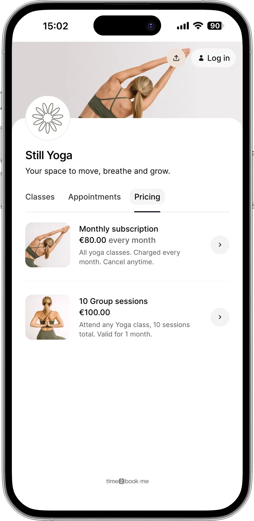 Pricing page for Yoga studio in class scheduling software