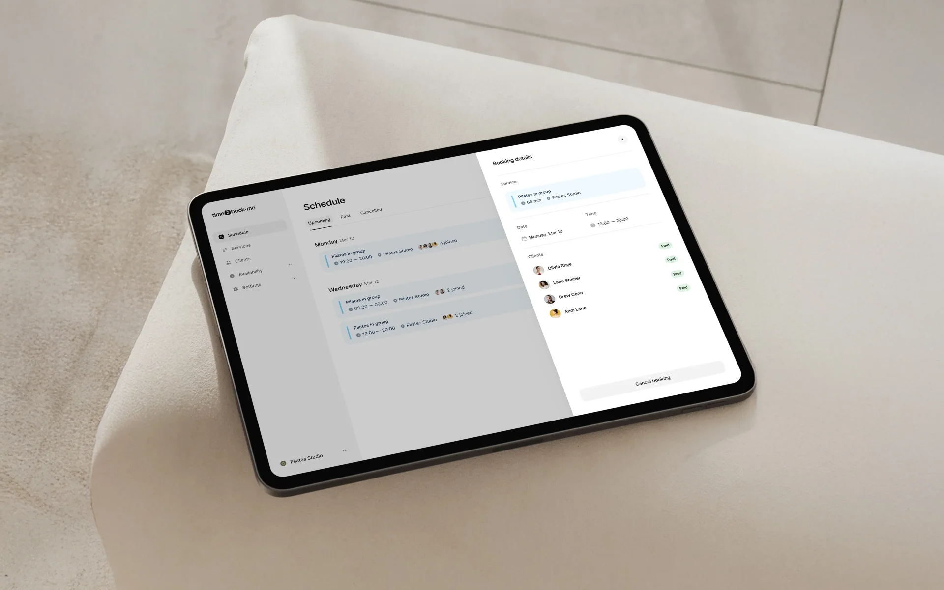 Modern fitness studio management dashboard – Mindbody software alternative Time2book interface for class scheduling, memberships, and payments in 2025