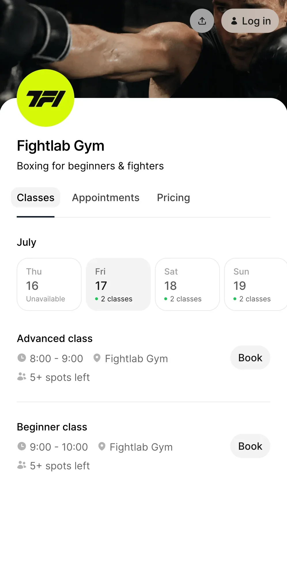 Boxing gym Booking software