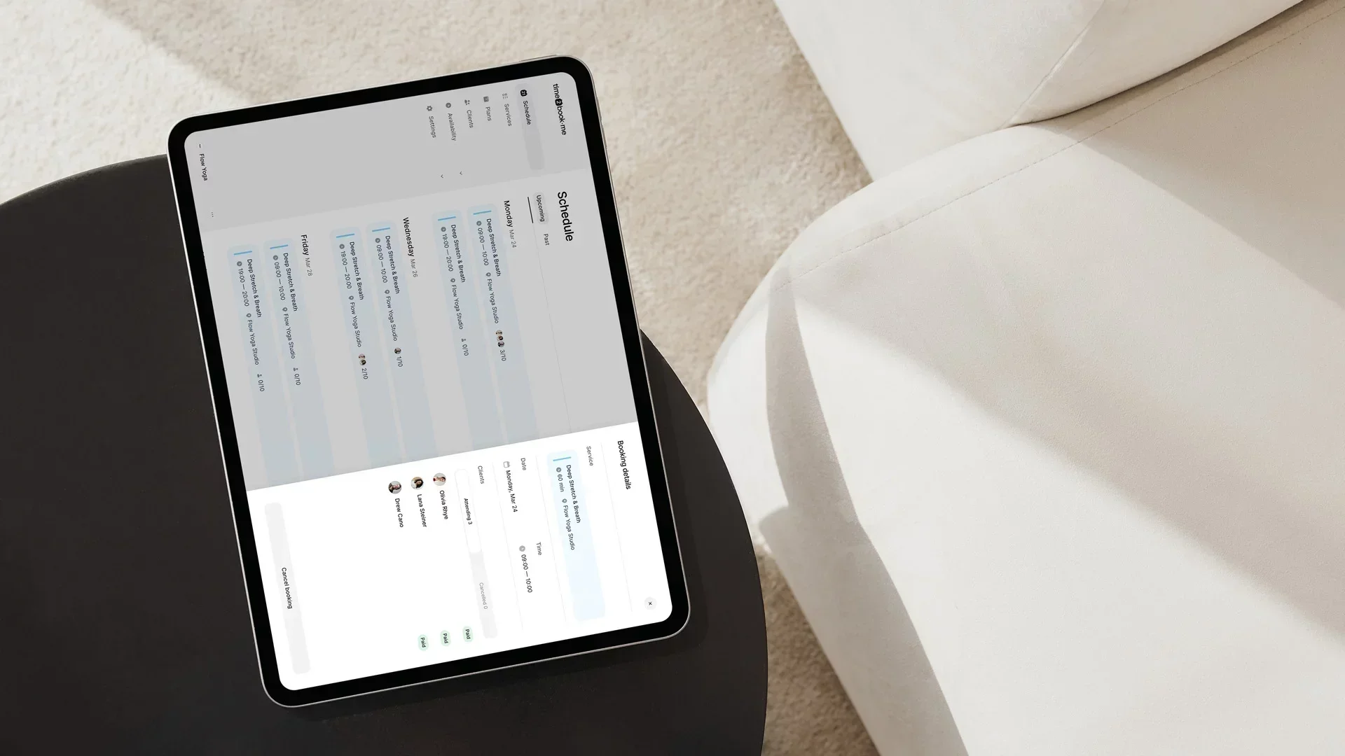 Tablet displaying time2book scheduling interface — best Mindbody alternative for small fitness studios with simple booking and payment tools.