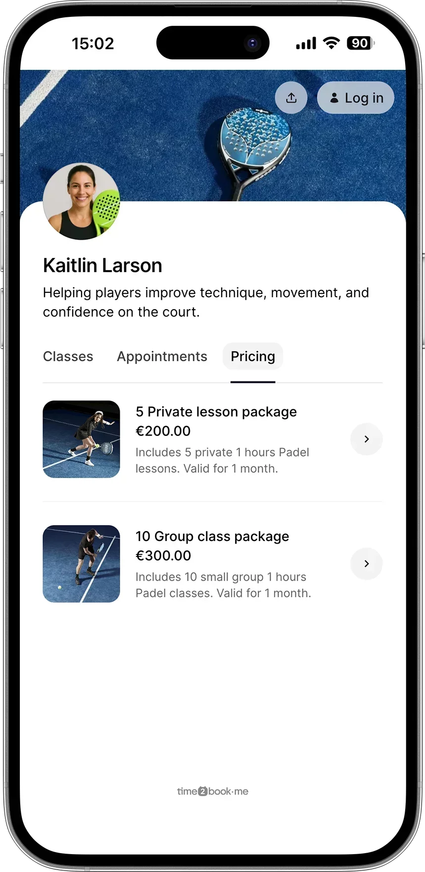 Pricing page for Padel coach in class scheduling software