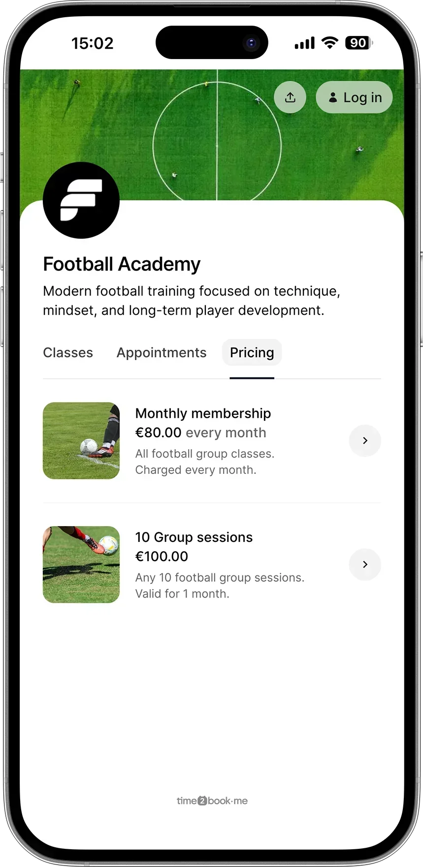 Pricing page for Football academy in class scheduling software