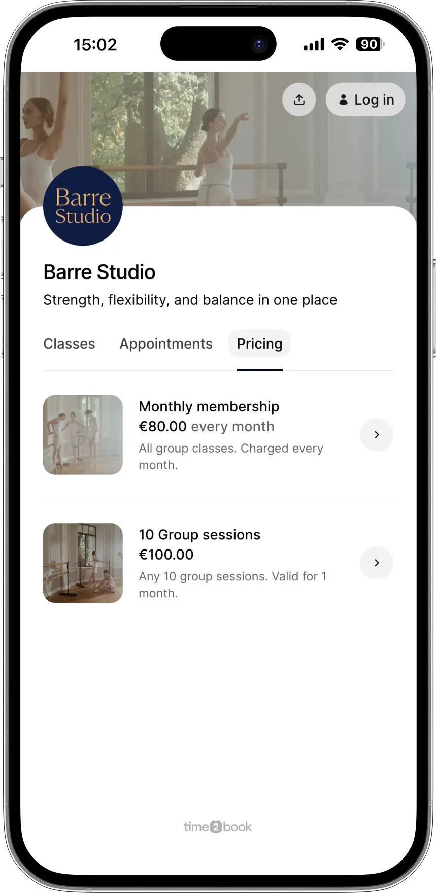 Pricing page for Pilates studio in class scheduling software