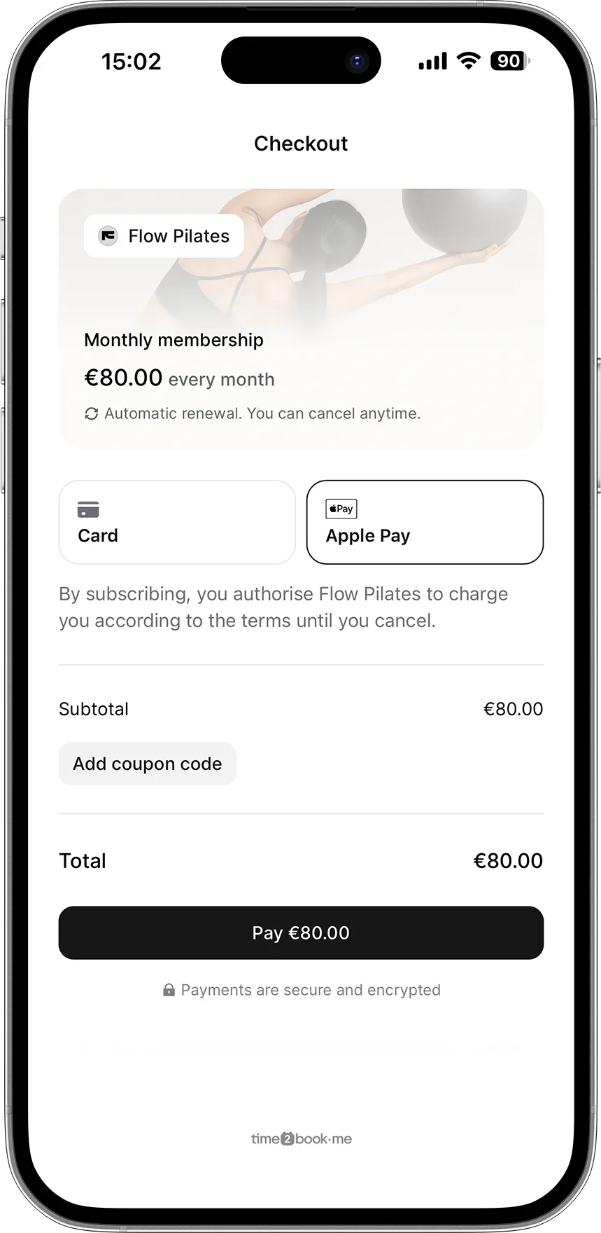Checkout step for Fitness studio in class scheduling software