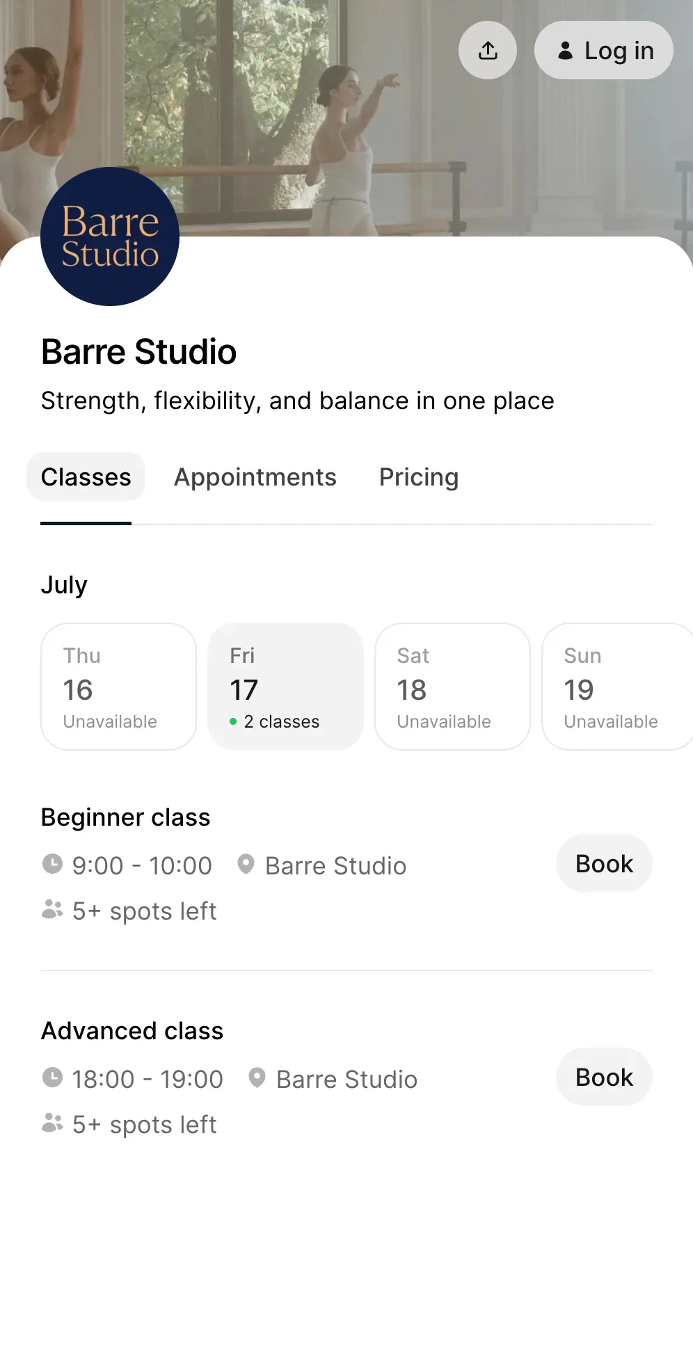 Barre studio Booking software