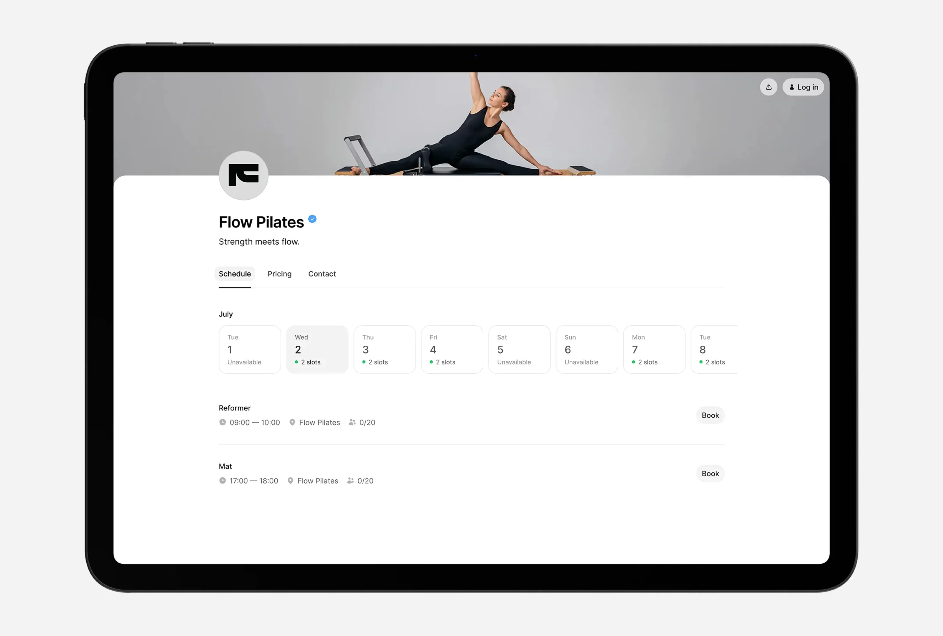 Screenshot of Flow Pilates studio schedule on Time2Book booking platform showing available Reformer and Mat Pilates classes (09:00–10:00, 17:00–18:00) with real-time availability and ‘Book’ buttons.