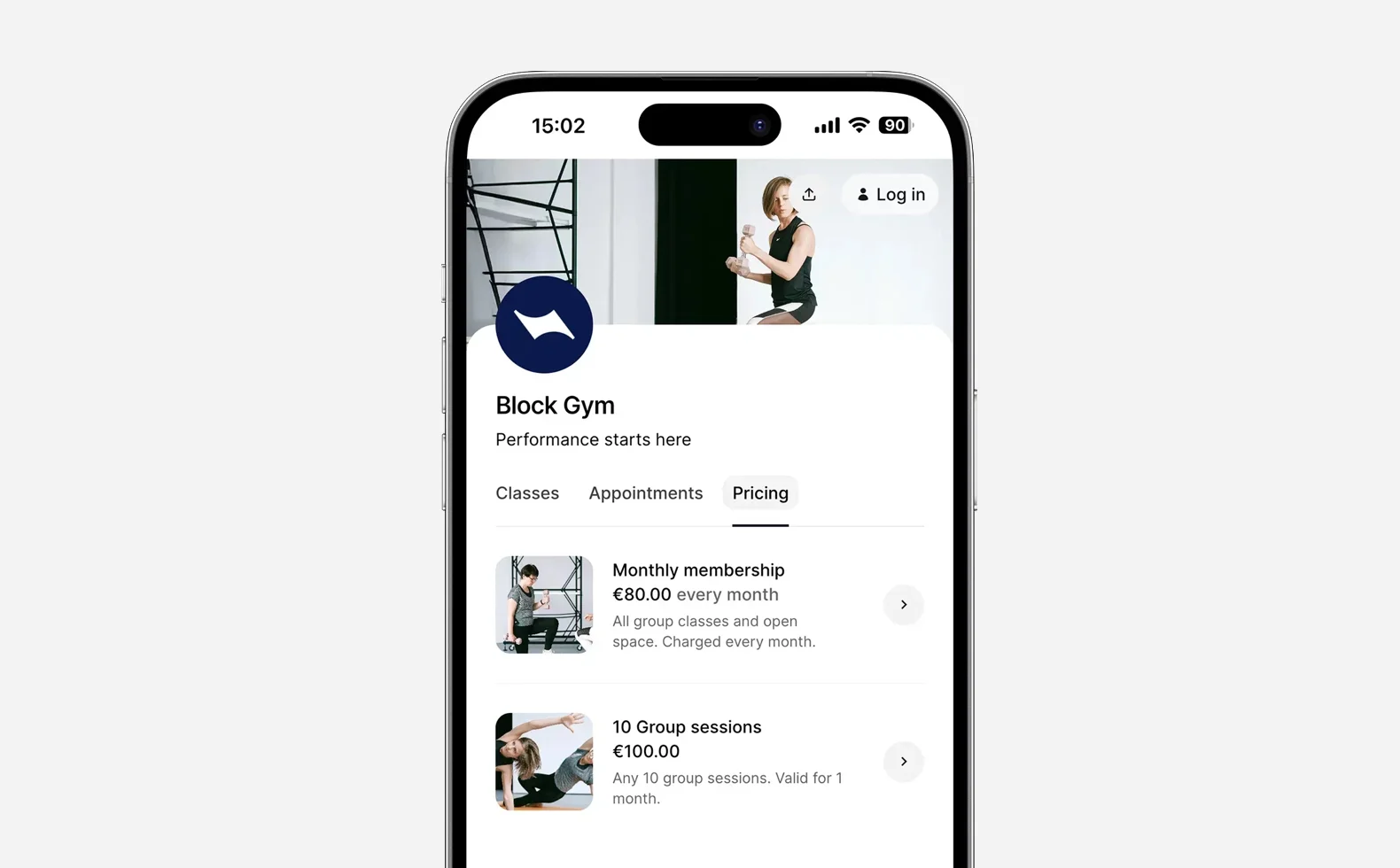 Gym pricing example in Time2book gym management software