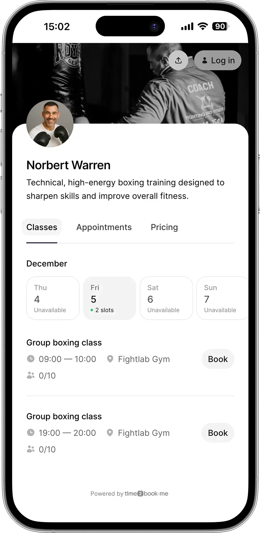 Class booking page for Boxing coach