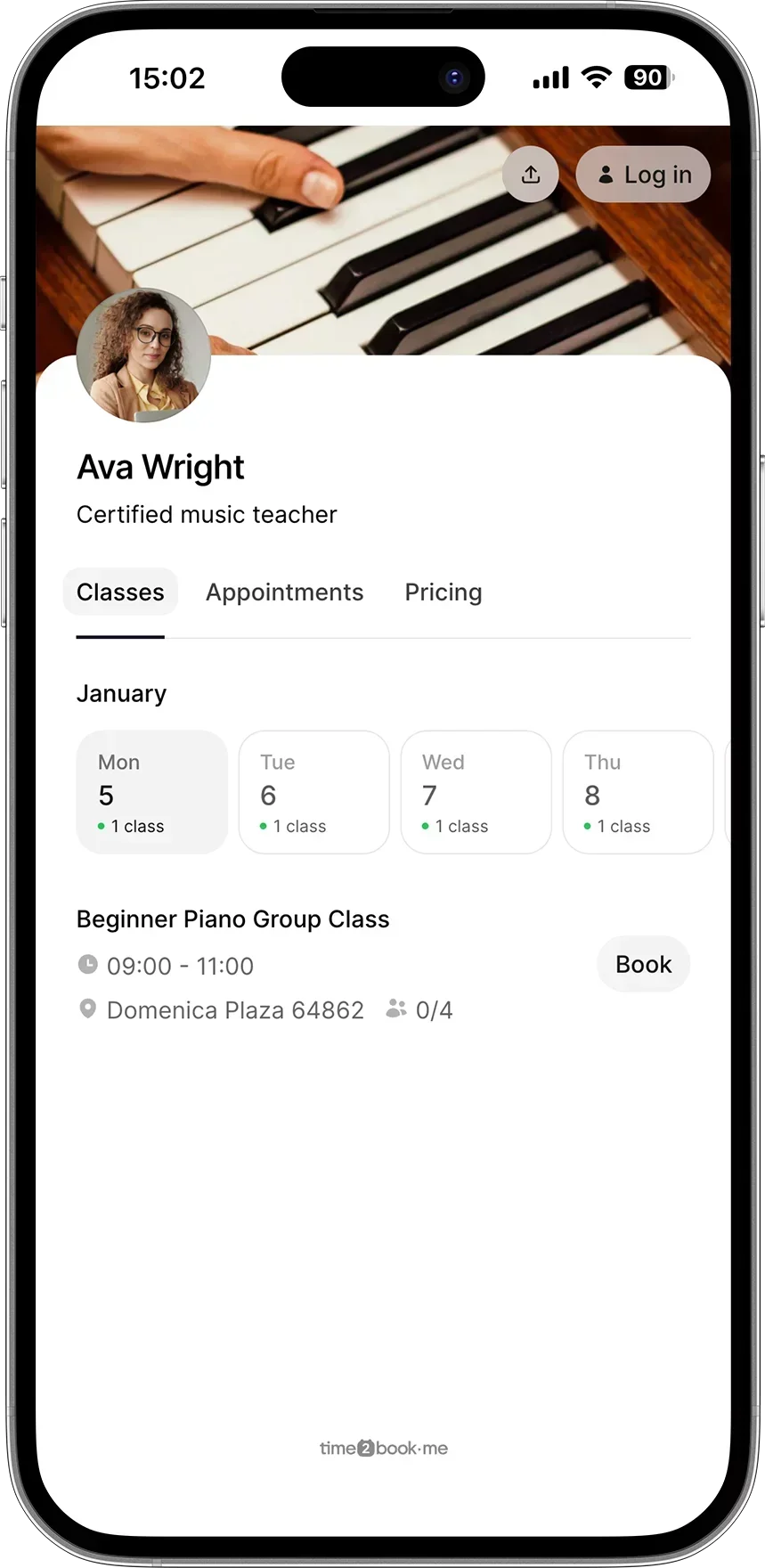 Class booking page for 