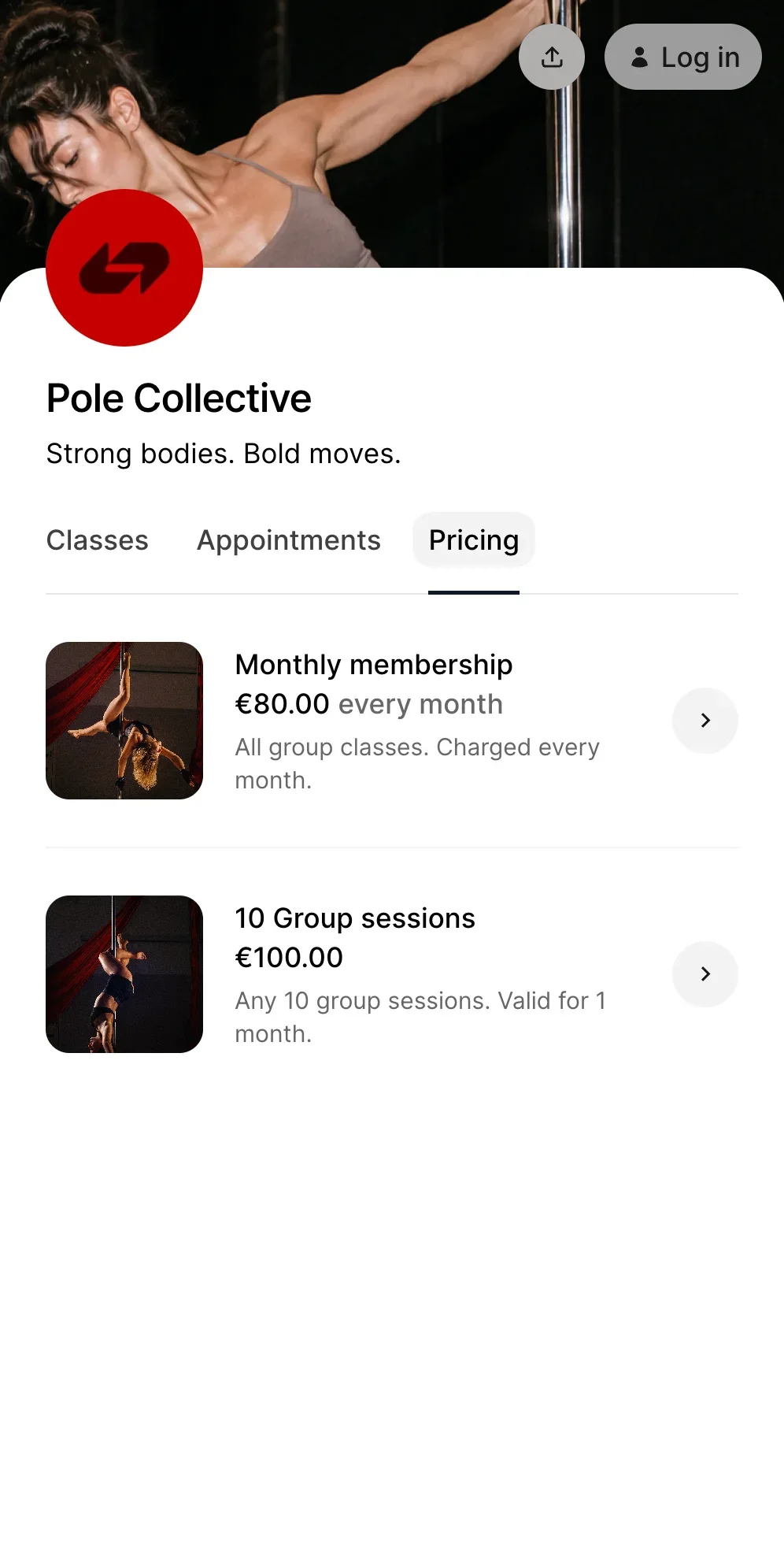 Pole dance studio pricing software example