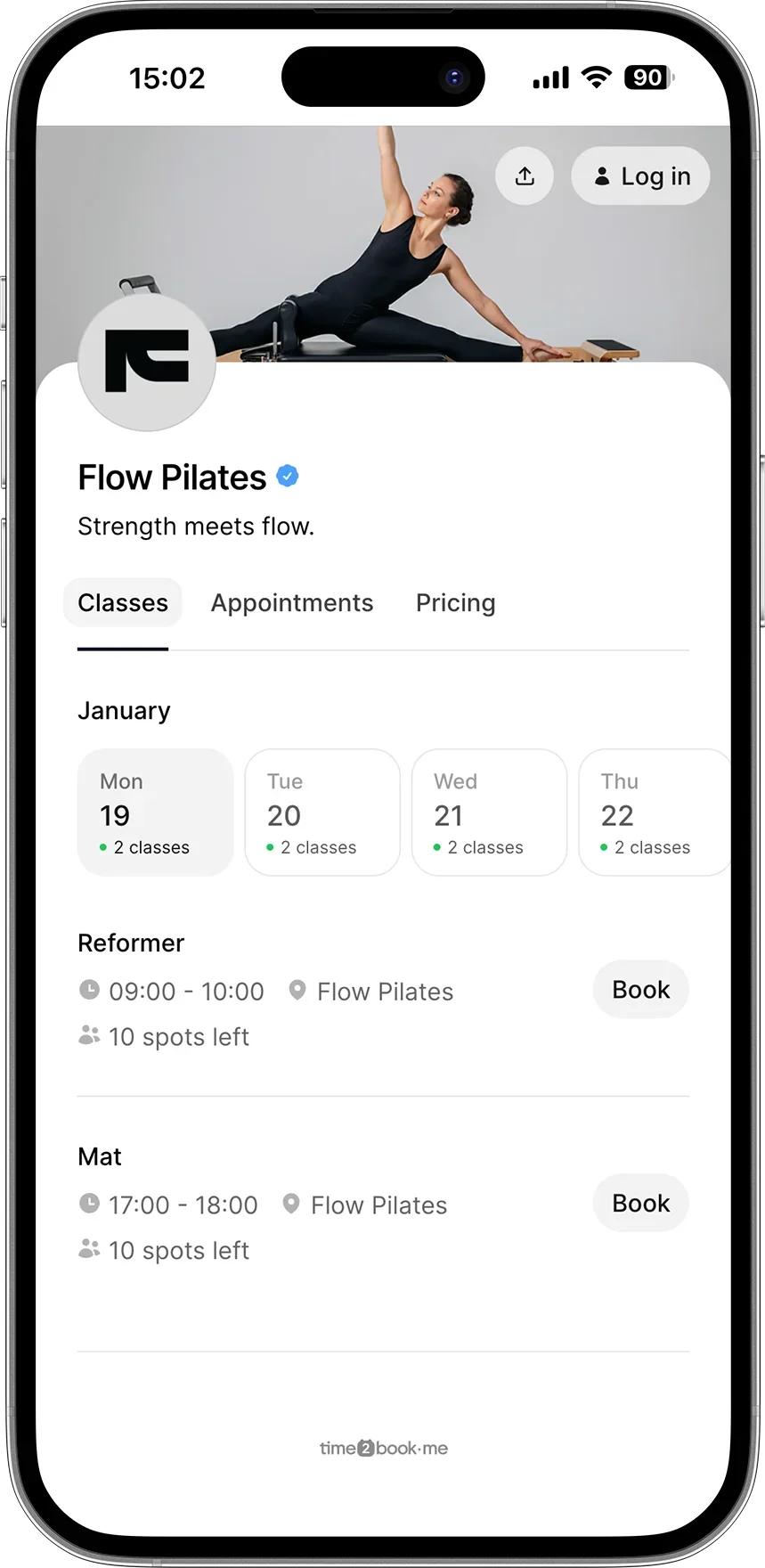 Class booking page for Pilates studio