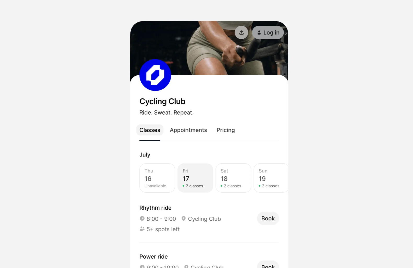 Spin studio sofware booking page