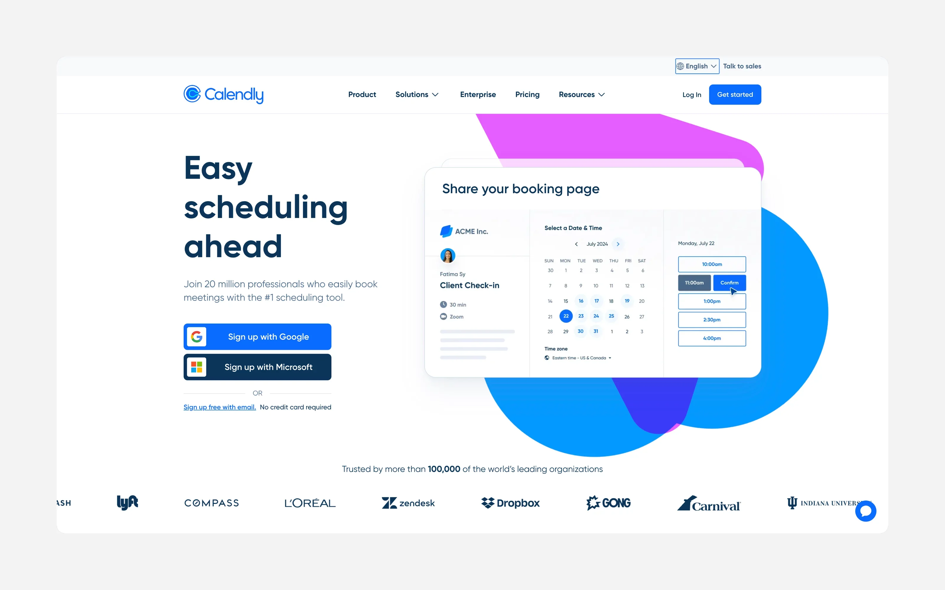 Calendly homepage showing meeting booking interface, designed for professionals to manage scheduling with calendar sync and payment options.