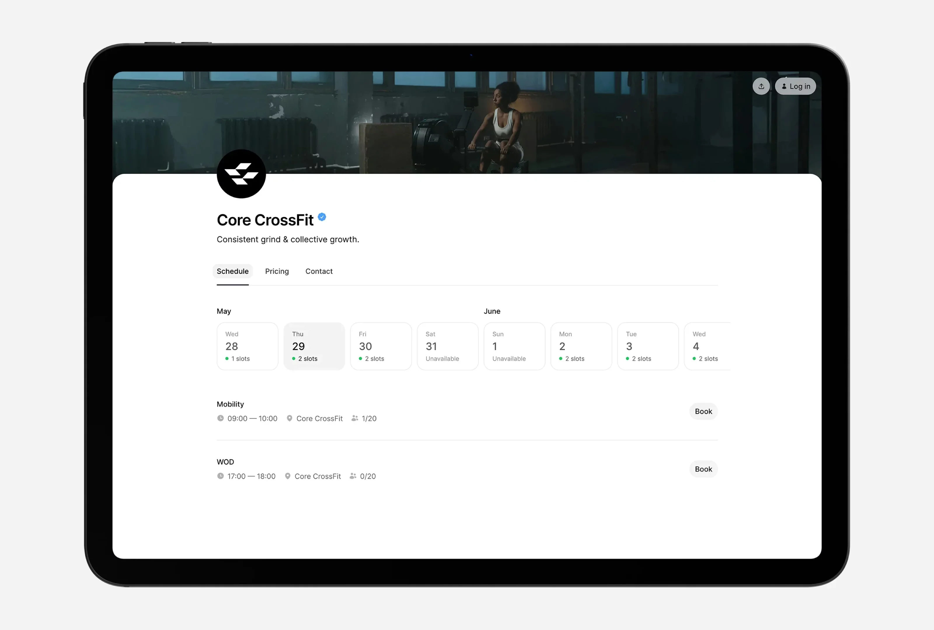 CrossFit gym booking software dashboard – time2book class schedule and booking interface