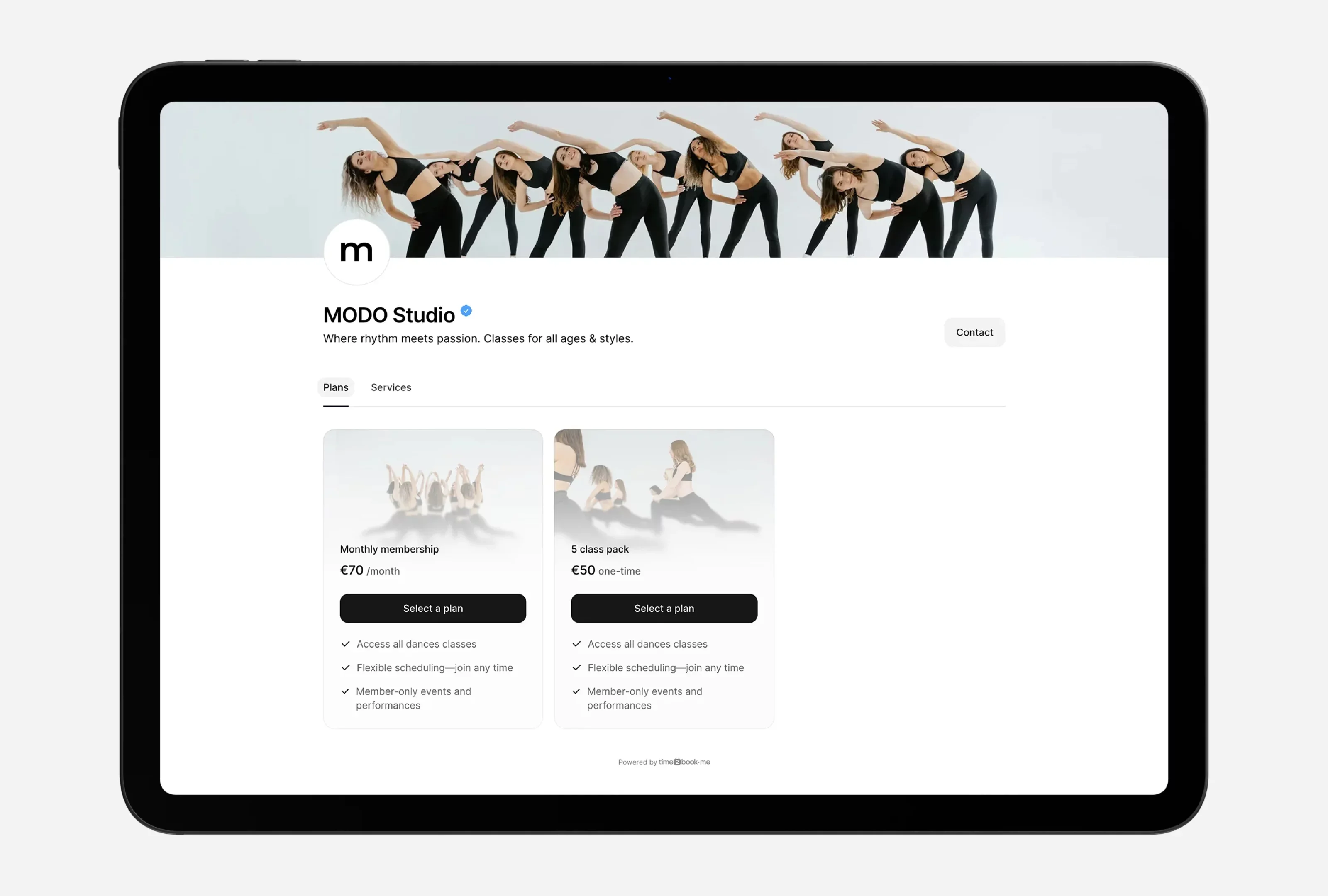 Public booking page for MODO Studio on time2book showing monthly membership and 5-class pack options for dance classes