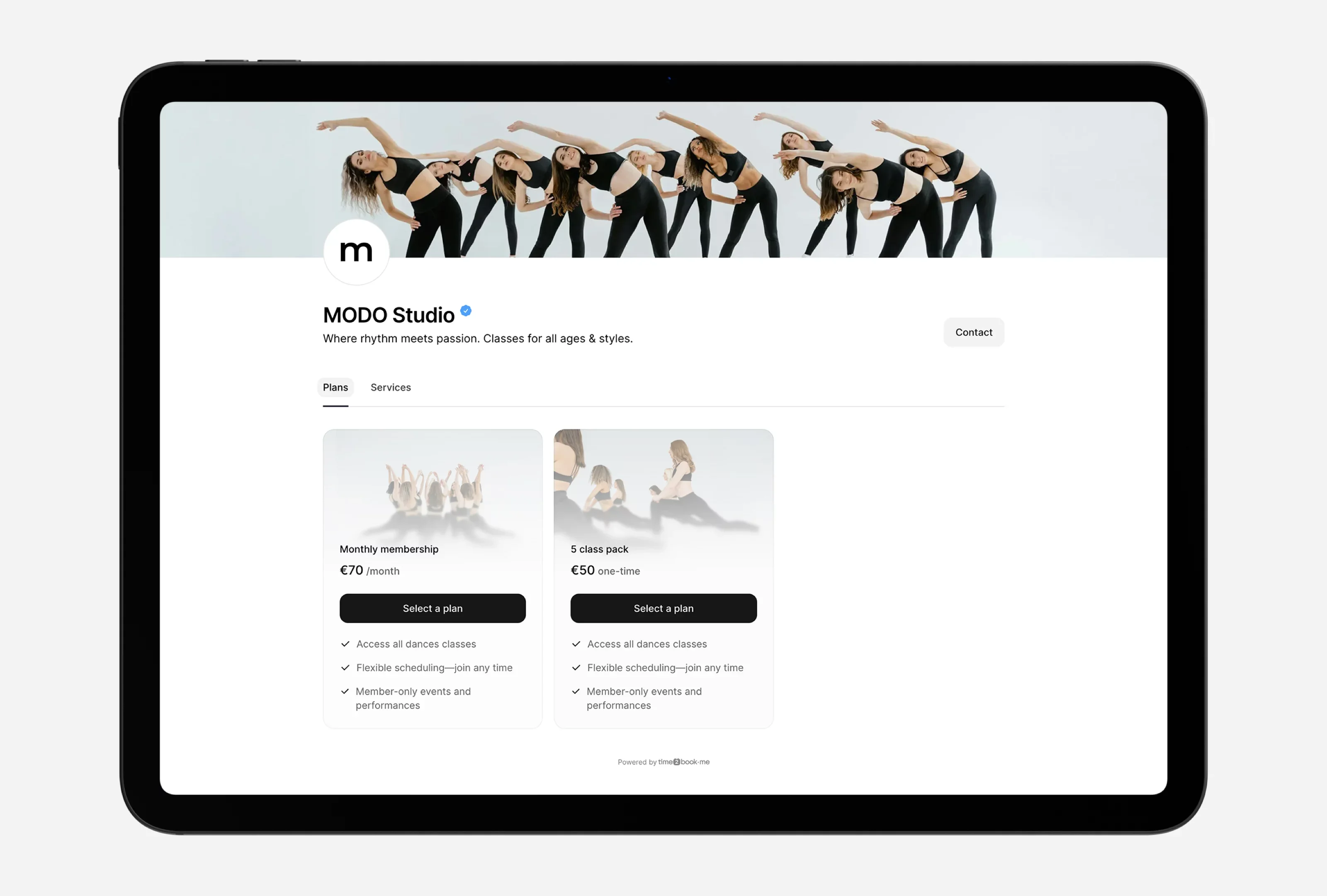 Public fitness studio booking page showing class schedule, pricing, and booking buttons