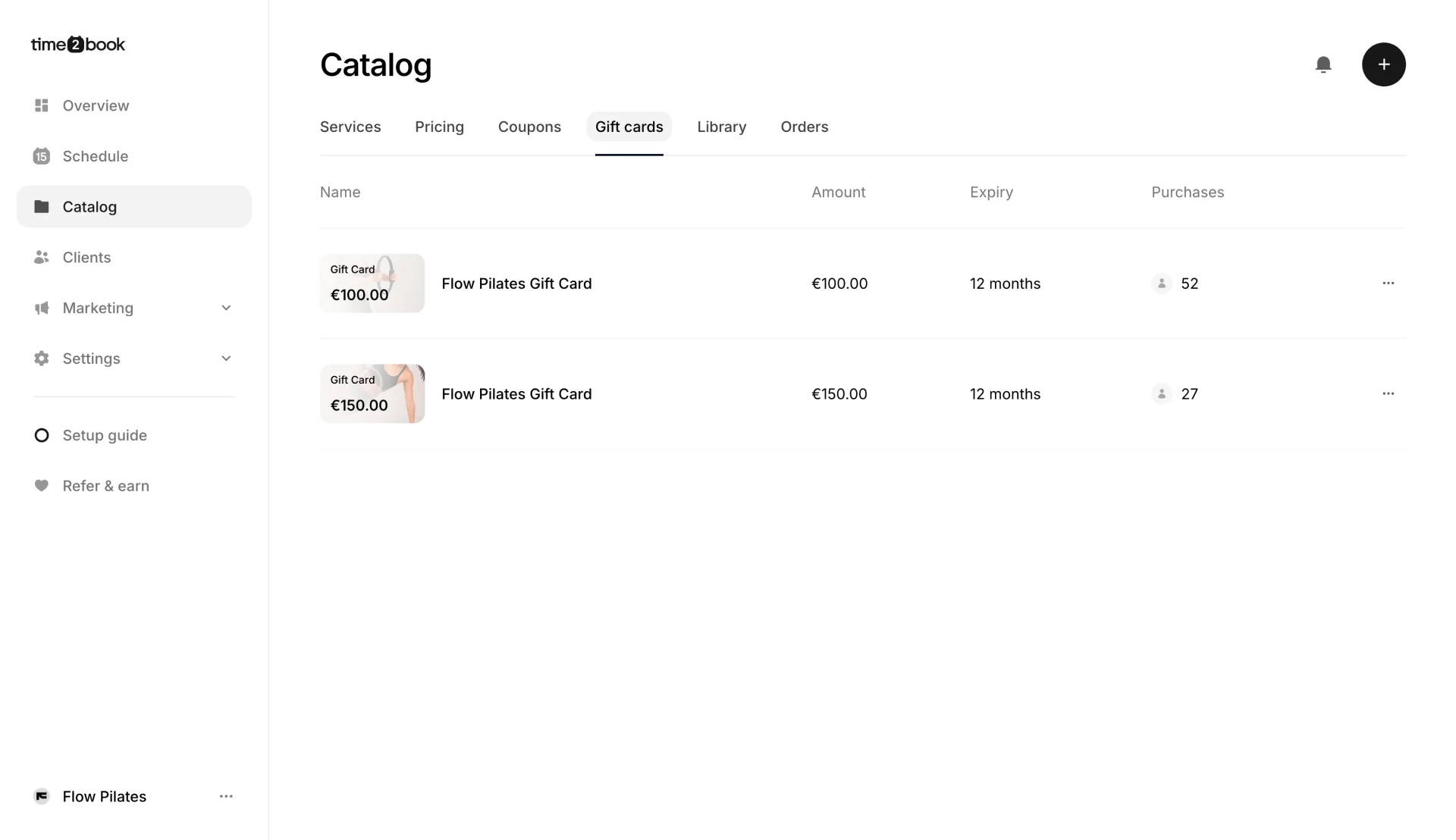 Gift cards in the Time2book catalog