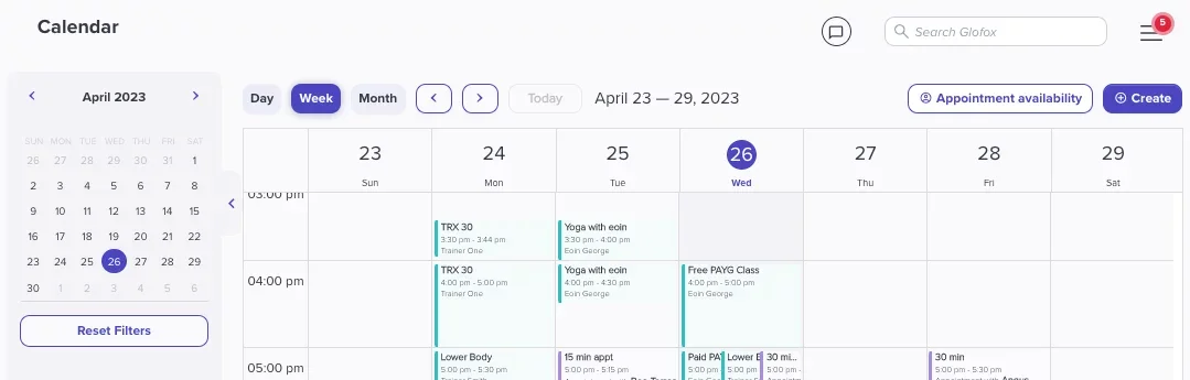 Glofox member app interface displaying class booking, schedule, and membership options for fitness clients