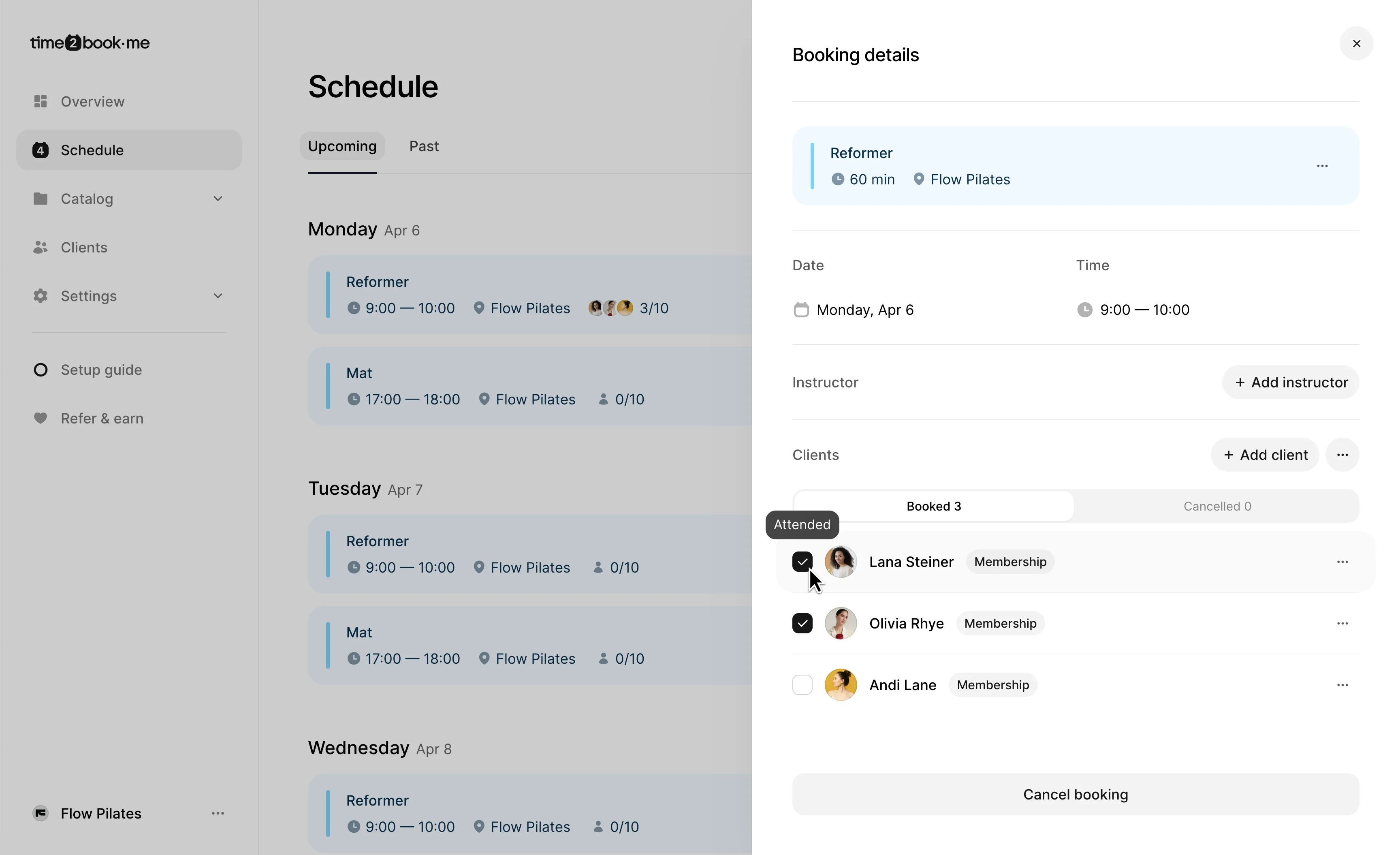 Booking system with client attendance tracking