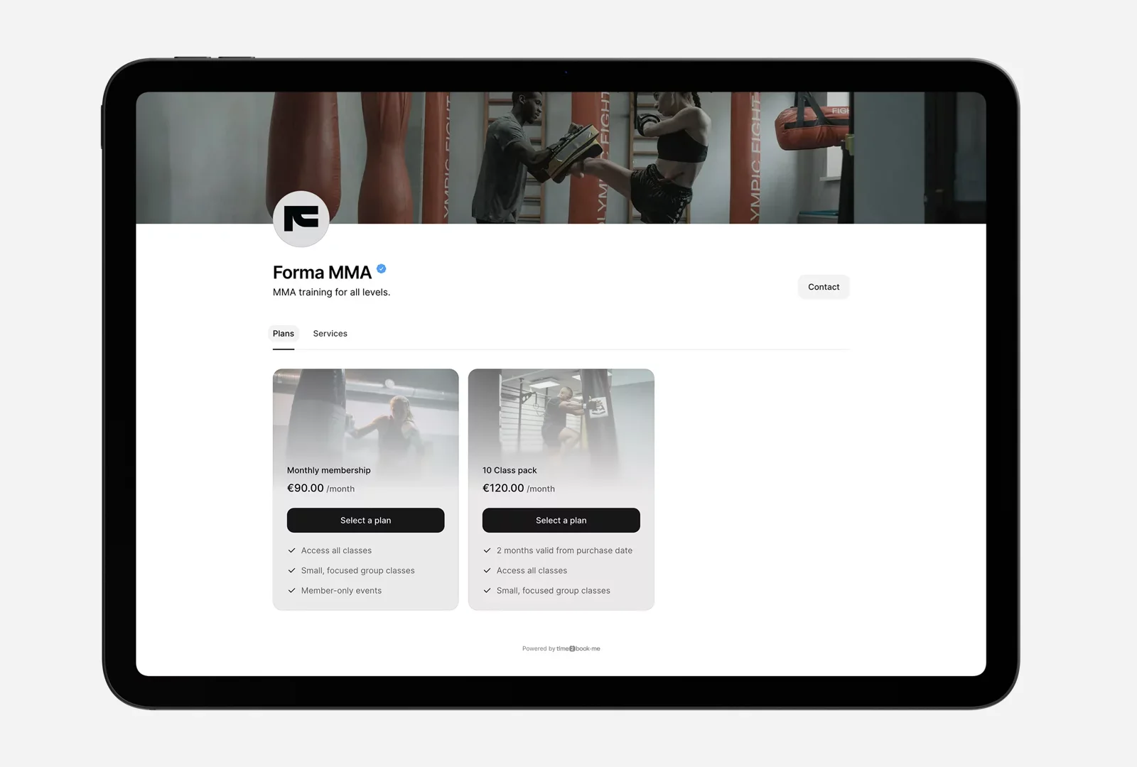 Public profile of a martial arts studio showing membership options and class packs, as seen through an online booking platform