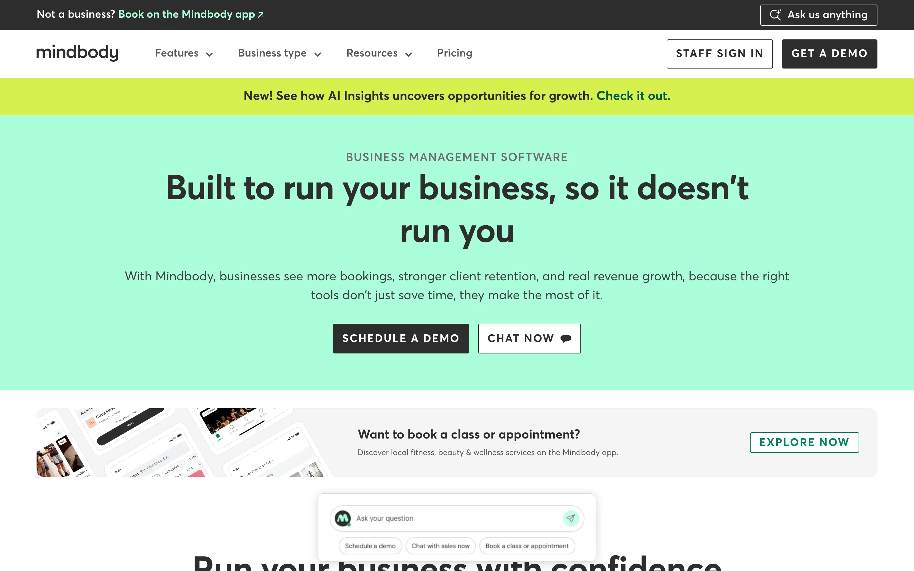 Mindbody business management software homepage – Glofox alternative