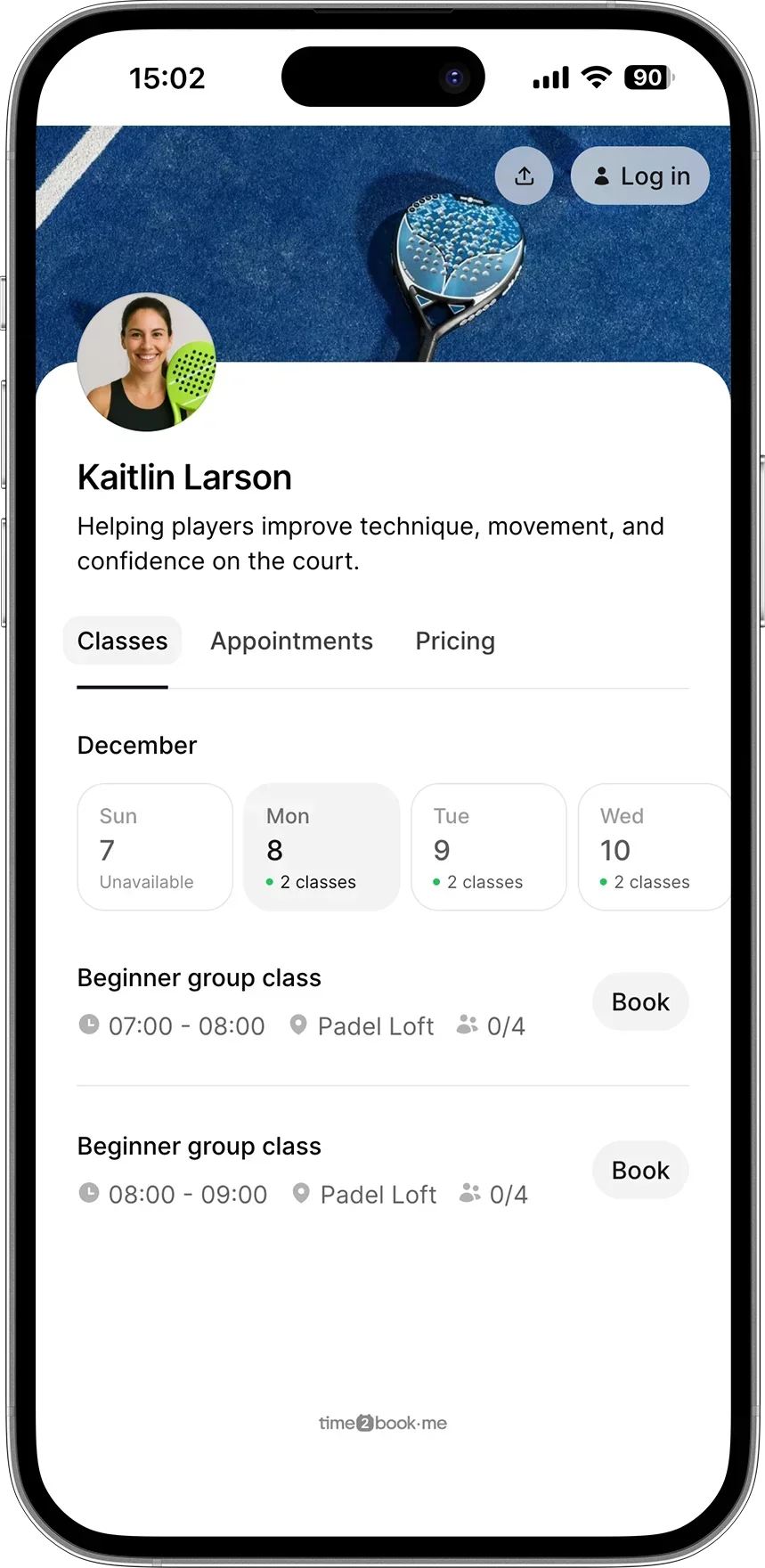Class booking page for Padel coaches