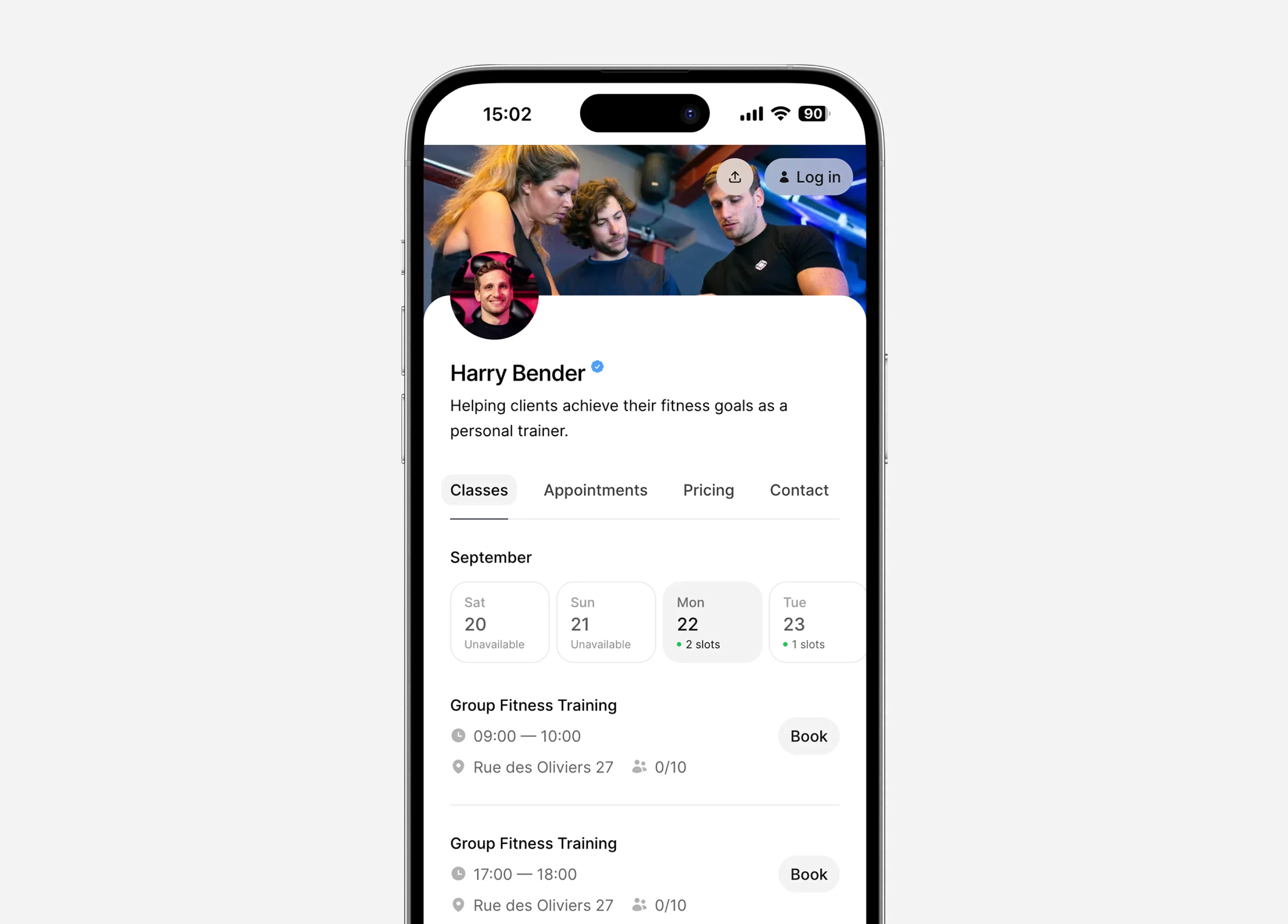 Time2book personal trainer profile with class schedule, appointments, pricing plans, and booking options