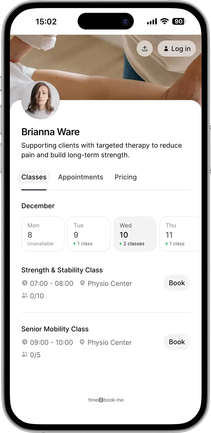 Massage therapist booking page
