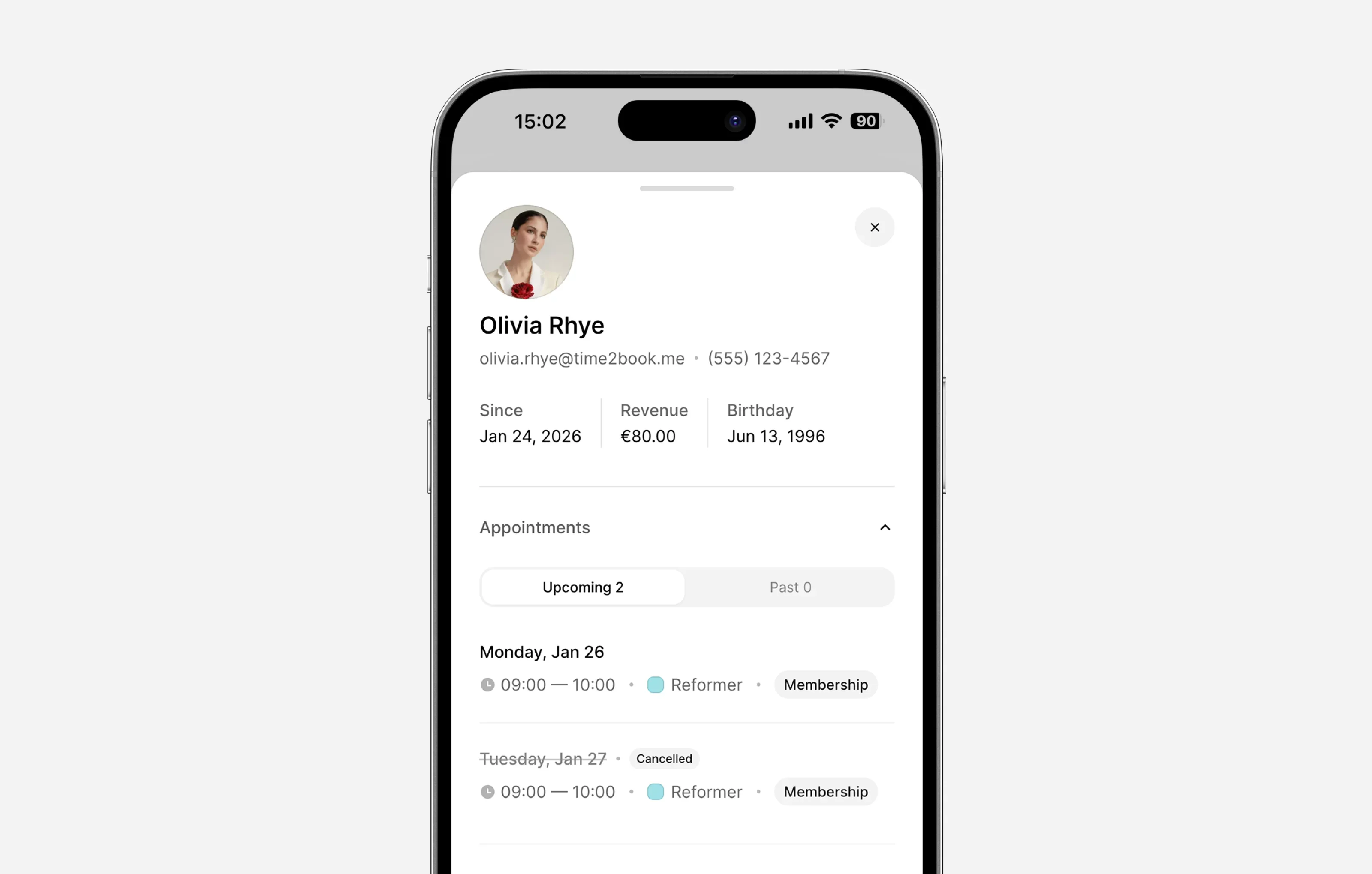 Pilates studio client management software, showing client appointment history
