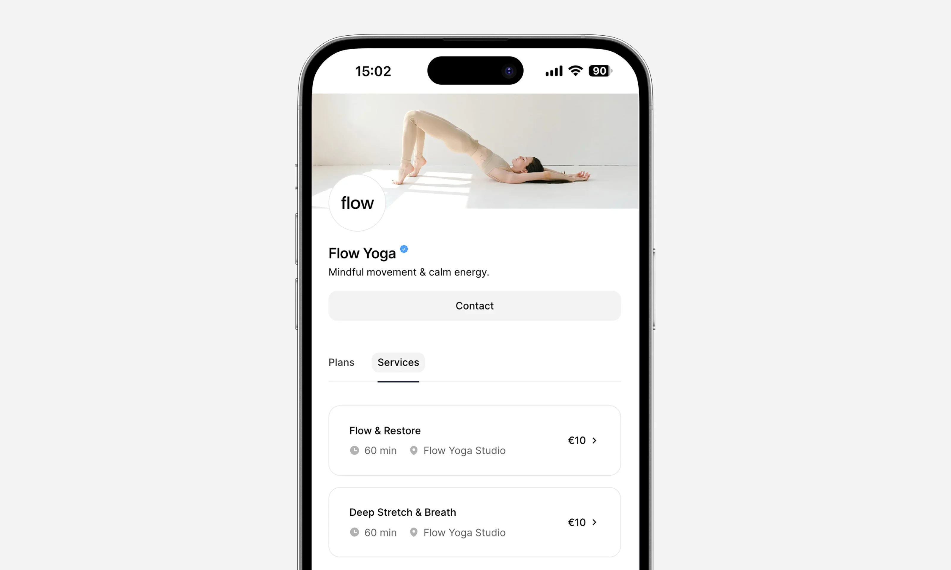 Public yoga studio booking page showing class schedule, pricing, and booking buttons on mobile