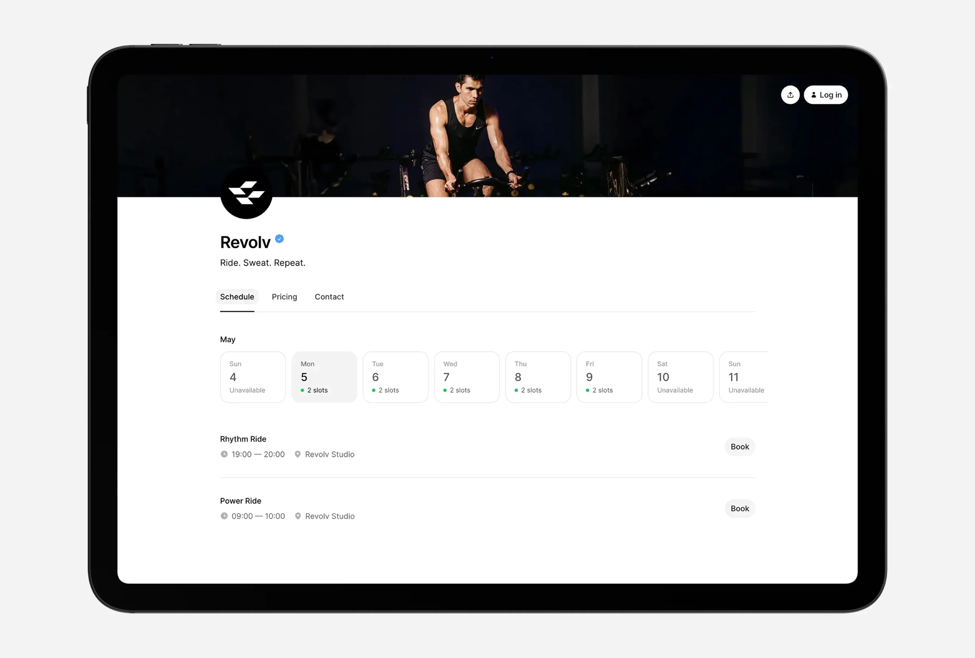 Public booking profile for a fitness studio with class schedule and available slots displayed on a tablet