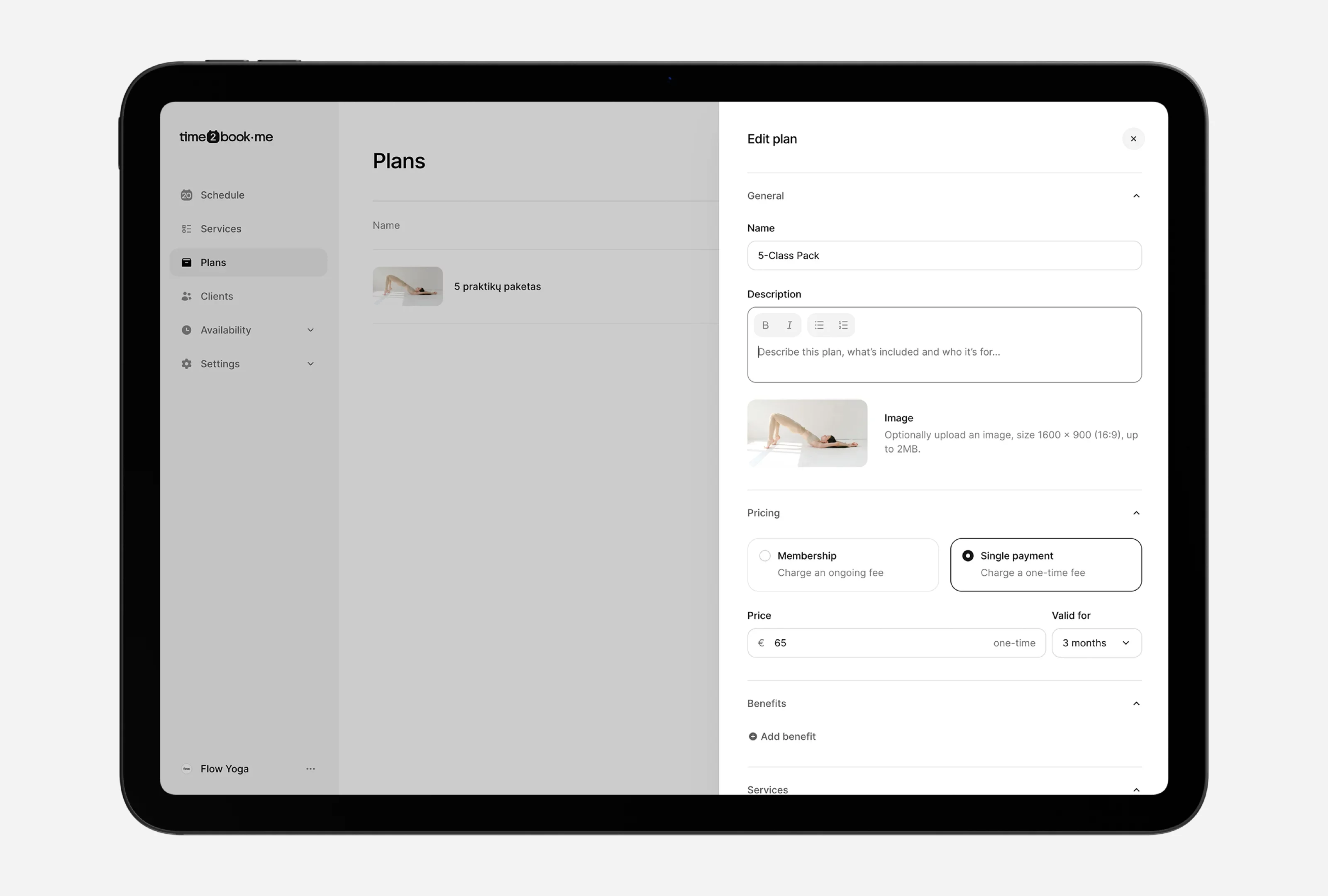 Fitness studio pricing page showing drop-in, class pack, and recurring membership options