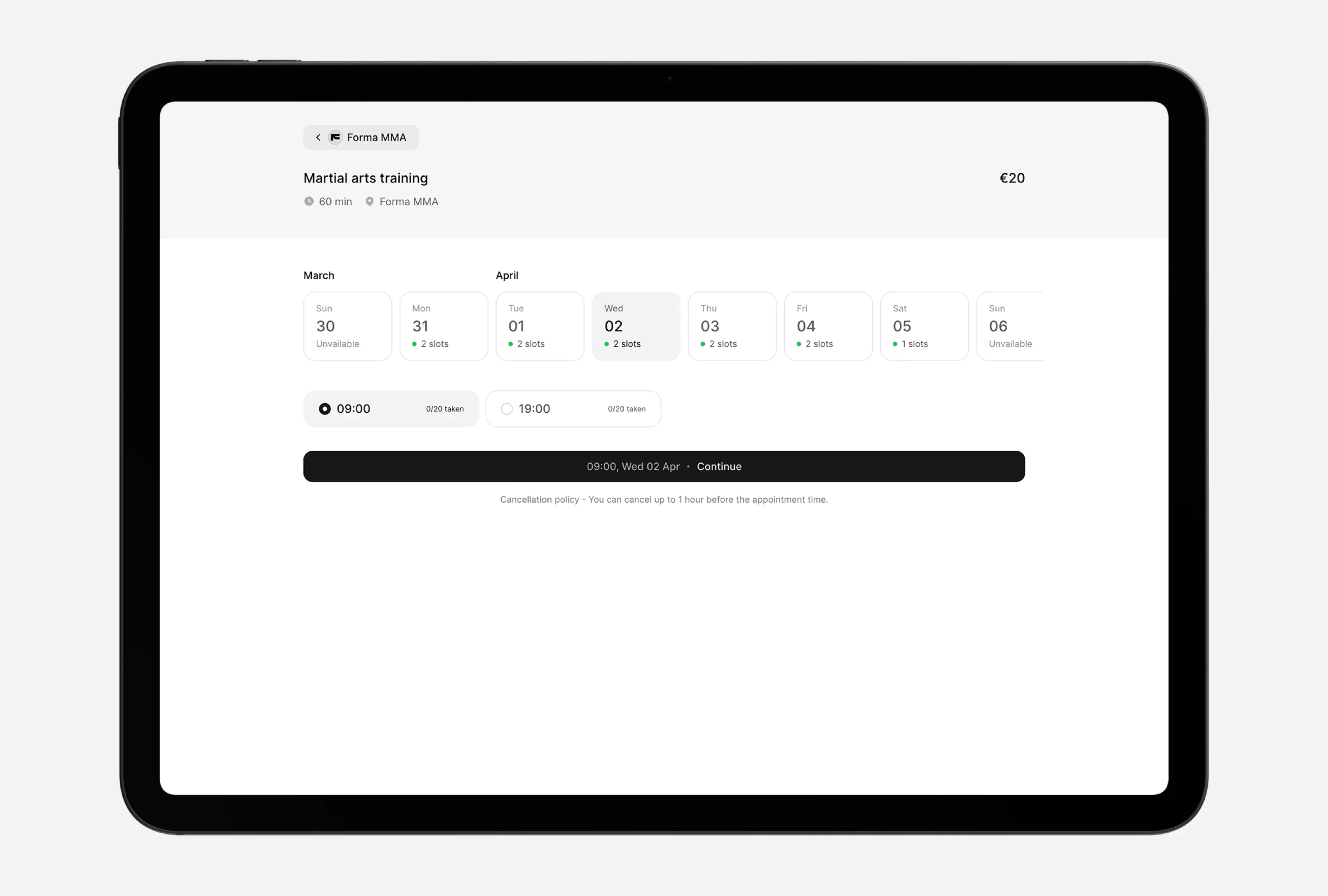 Mobile view of a simple fitness class booking experience, showing how clients can easily book sessions online through a clean, user-friendly interface