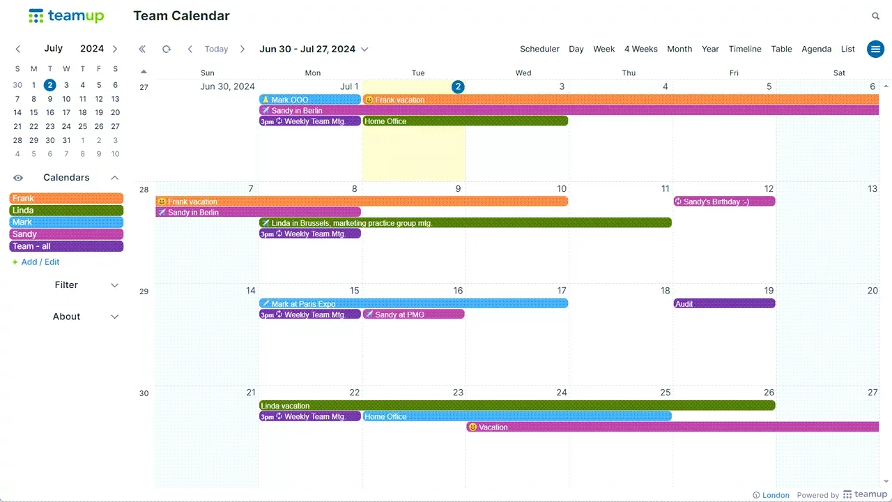 TeamUp studio management dashboard showing class scheduling and client tracking features