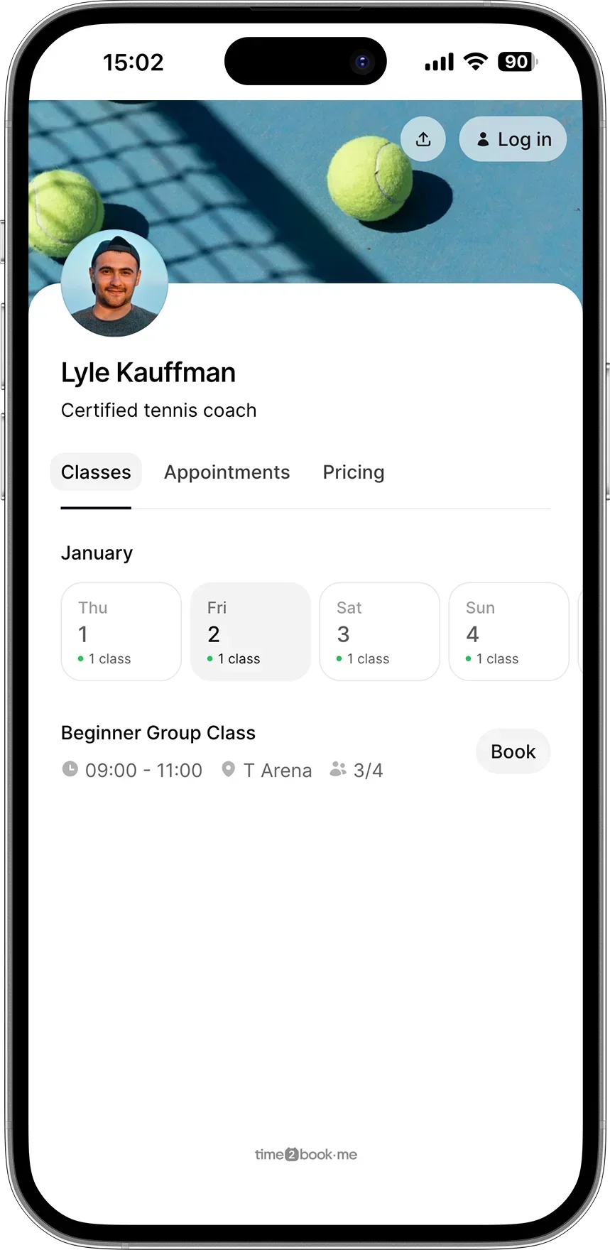 Tennis coach booking page